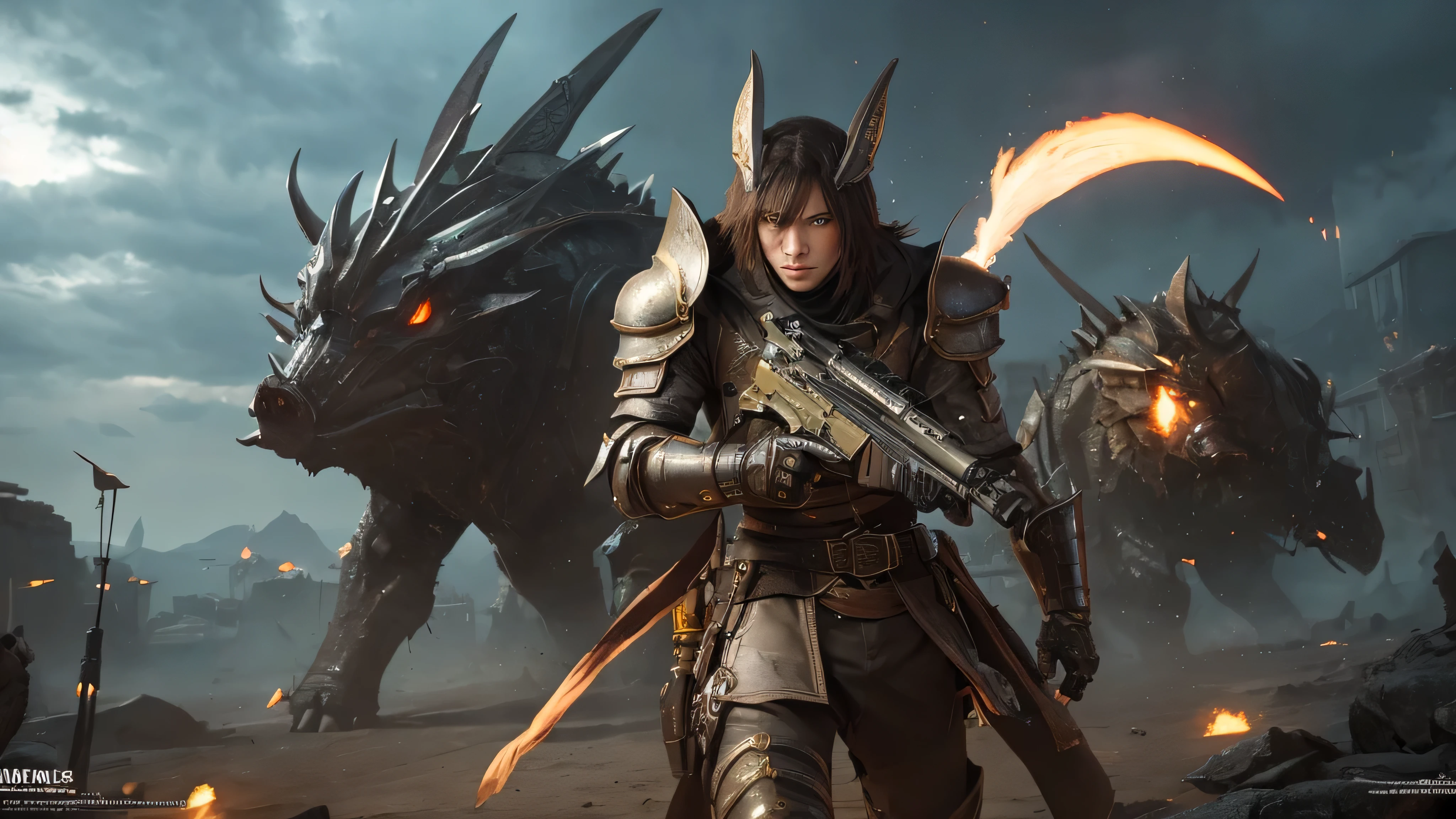Image of male and female Arabic figures walking in front of Swarm of robots, Grimdark Steampunk Fantasy, PS4 in-game cinematic, Characters wearing hats, Angled, wasteland, Official Splash Art, "pig, Gunman, gray wasteland, Swarm, Heavy white and gold armor, Sepia, Official artwork, ox