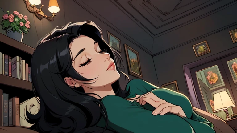 Beautiful woman in her 30s with black hair is sitting on the sofa with her eyes closed. Looking down, eyes closed, LOFI girl, alone in the room, blouse, cozy wallpaper, big cushion, bookshelf, beautiful flowers, relaxing mood, night core, cozy, wide glass window with skyscrapers, outside view at night, only five fingers, dark room, Well-proportioned face