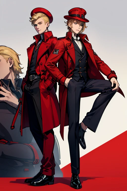 male, blonde short hair, blue eyes, trimmed goatee, (((1boy))), (((red trench coat))), (white dress shirt), (black tie), (red pants), (black shoes), (black fingerless gloves), (red fedora), long legs, smiling