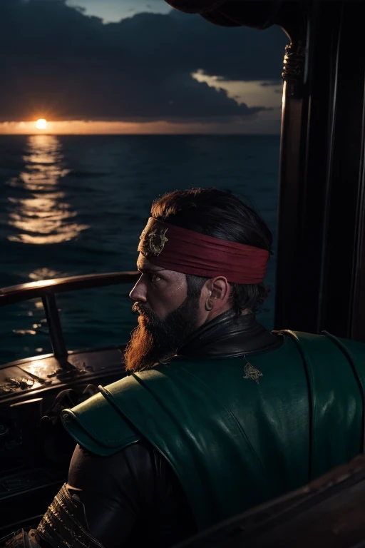 Blackbeard versus Redbeard, medieval pirates, pirate war, fighting, movie, 4k, HD, VFX, adult, fighting, mortal kombat X aesthetics, highly detailed, sunset atmosphere, detailed face, CGI, WLOP, realistic photography, full body, realistic photography, sci-fi, yellow-red gel lighting, highly detailed, dark green and red costume, illustrator, movie 2024, realism, super realistic, detailed setting, detailed costumes, very real face, detailed armor, detailed ship, detailed ocean in the background, island ((best quality)), ((masterpiece)), (detailed), perfect face