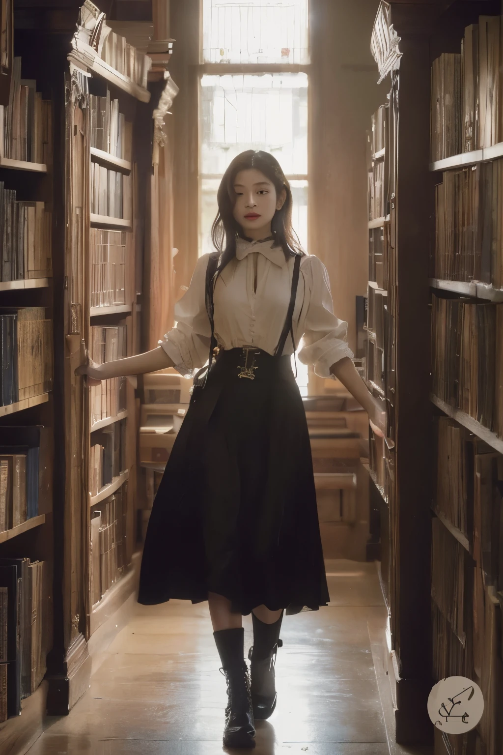 arafed woman in a library with bookshelves and a window, the librarian, bae suzy, wearing 10s era clothes, in a gloomy library, librarian, dark academia, victorian style costume, mid shot portrait, classical witch, blackpink jennie, standing inside a magic library, dark academia aesthetics, cinematic outfit photo, victorian inspired clothing