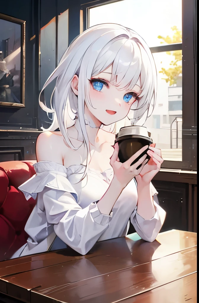 Masutepiece, Highest Quality, (Perfect face:1.1), (high detailing:1.1), (ultradetailed eyes), Dramatic,superfine illustration,Extremely detailed,1girl in,ager,(pale skin),(long white hair:1.4),Ethereal eyes,Blue eyes,((With eyes highlights)),Solo,Smile,Happy,Laugh,Enjoy, Open mouth,Pouty lips,Cinematic lighting, Cowboy Shot,whitedress, off shoulder,indoor,cafe,drinking coffee,sitting