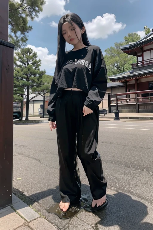 Japanese Girl sees the ghost and pees her black palazzo pants until her pants are wet in fright.