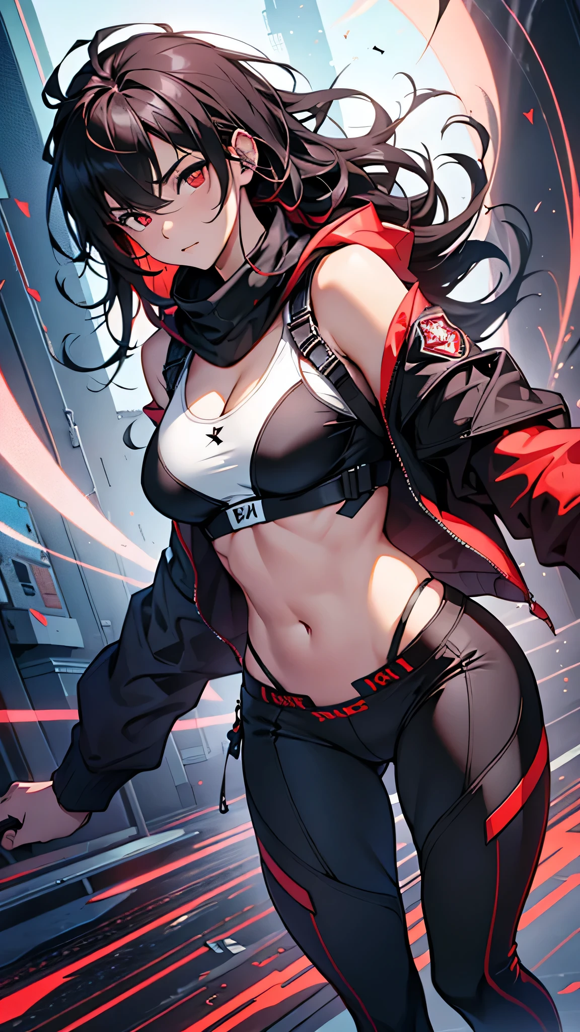 Highest quality、Highest quality、Masterpiece、girl((American、half、18-year-old、as soon as、Highest Bust、Medium Bust、Wide open chest、Red glowing eyes、Black Ear、Red Mesh、Disheveled Hair、Loincloth、thin、The best valley、Open chest、hair ornaments、Full body view、pants、Sports Bra、Random Pause))、high quality、Beautiful Art、background((military base))、flight、Flying Debris、Depth of text、movie、Visual Arts、Perfect Art、8K、Genuine、Special Angles