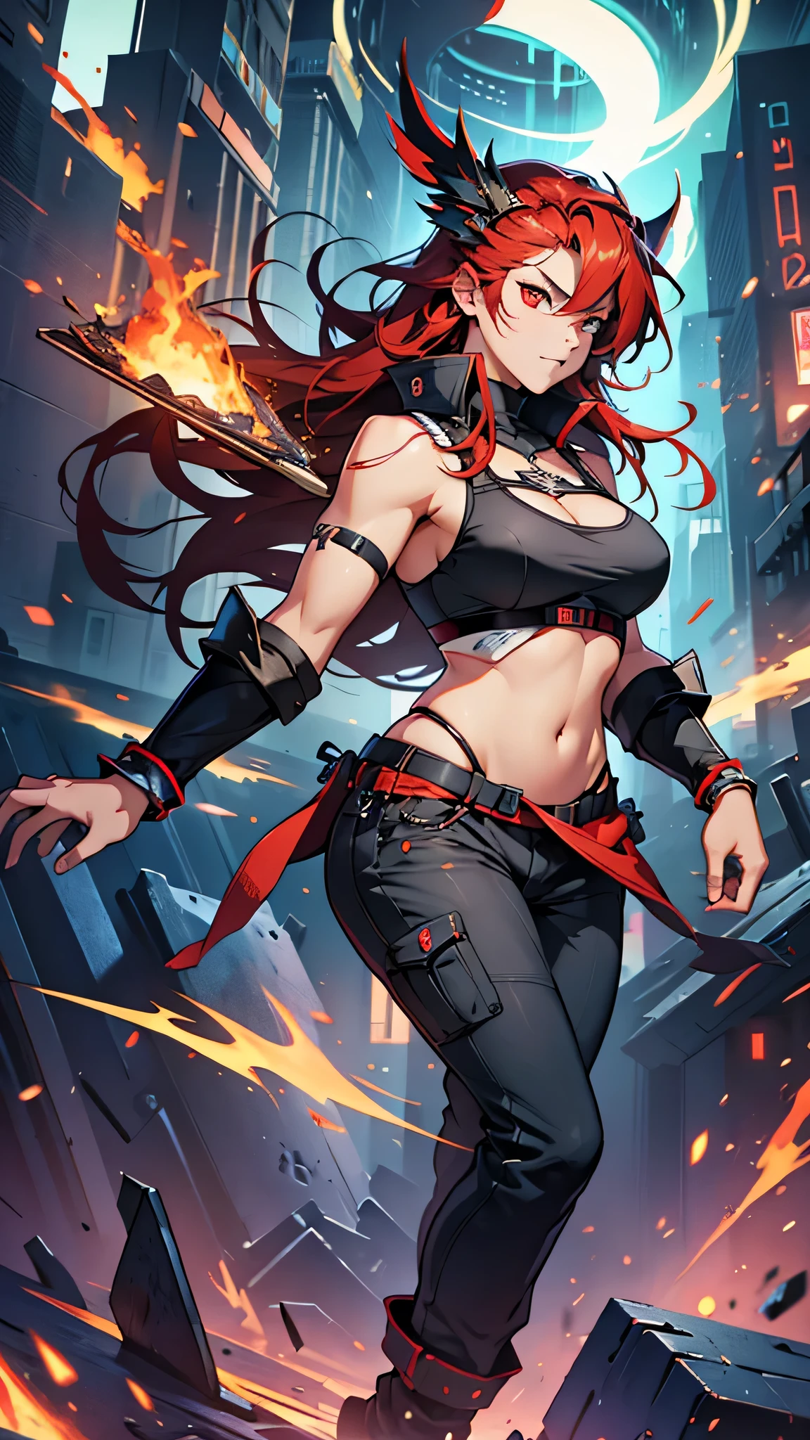 Highest quality、Highest quality、Masterpiece、girl((American、half、18-year-old、as soon as、Highest Bust、Medium Bust、Wide open chest、Red glowing eyes、Black Ear、Red Mesh、Disheveled Hair、Loincloth、thin、The best valley、Open chest、hair ornaments、Full body view、pants、Sports Bra、Random Pause))、high quality、Beautiful Art、background((military base))、flight、Flying Debris、Depth of text、movie、Visual Arts、Perfect Art、8K、Genuine、Special Angles