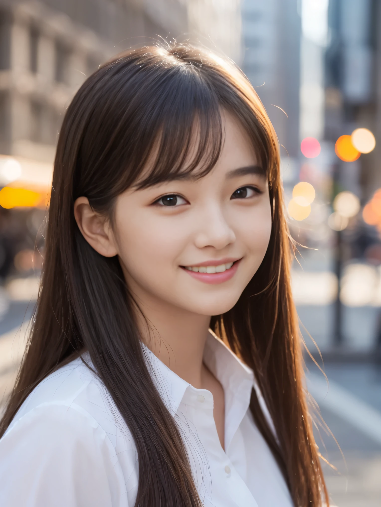 masterpiece, highest quality, 8k, disorganized person, (Upper Body:1.4), White shirt, Beautiful girl, Beautiful face, Looking at the audience, smile, Ultra-realistic, High resolution, picture, The focus was clear, High resolution, Face Light, Dynamic Lighting, Cinema Lighting, Professional Shadow, Beautiful cityscape background, Best details, Very detailed, Very detailed, Finely detailed, Real Skin, Delicate facial features, Detailed face and eyes, Sharp pupils、Realistic students、Japanese girl 1、16 years old、round face、smile