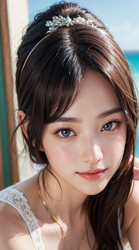 best quality, beach, Ultra-high resolution, (Reality:1.4), RAW photos, 1 Girl, potassiumーPop Idol, short hair, indoor, Summer Noon,delicate eyes,(Realistic eyes),delicate face,realspotassiumin,Fine hair,Detailed spotassiumin,Pretty Face,Smile、((beautiful hair accessories))、