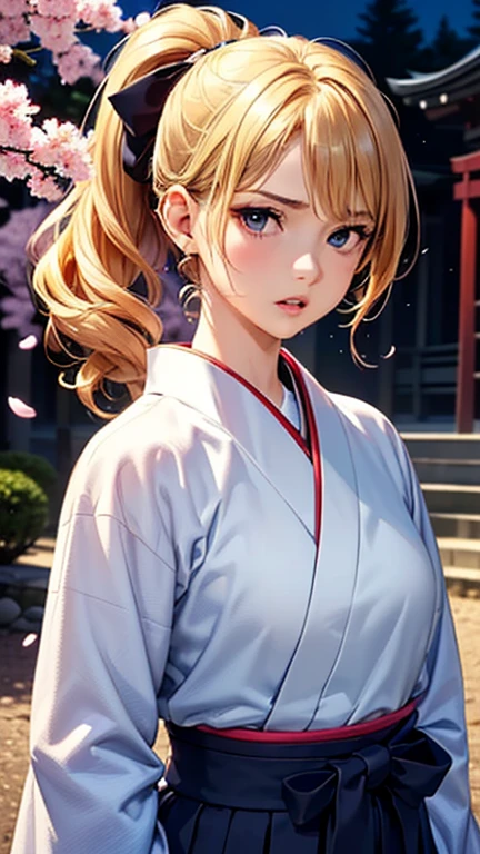 A girl is posing for a photo,pretty girl,Enchanting girl,Anime Girls,
(((One Girl,Baby Face,16 years old))),

(Growing in vain:1.4、Black Hakama:1.6),(((Holding a Japanese sword)))
BREAK 

(Beautiful Hair,Shiny Hair),(Blonde、Curly hair、Outwardly curled hair、Hair that bounces outwards、Shaggy Hair、Wavy Hair、ponytail),
(Expression of fine eyes,Beautiful and delicate eyes,Sparkling eyes,Eye Reflexes),(black eye),
double eyelid,Long eyelashes,
(Beautiful Nose,Thin Nose),
(Glossy lips,Beautiful Lips,Thick lips),
(Symmetrical facial features,Perfect Face),(((Detailed skin,Oily skin,Textured skin,Beautiful Skin))),
break 

(Serious expression、Screaming、Glaring),
(night、(Edo Period、Japanese Castle、cherry blossoms)),((Are standing、I can see the Japanese sword:1.2、Cowboy Shot)),
break 

(((highest quality)),((masterpiece)),(Very detailed),(High resolution),(Beautiful sparkle),(High detail),(Anatomically correct)),((Realistic)),
(The best CG),Highly detailed art,CG illustration,(16k,1080p),((Line art)),
