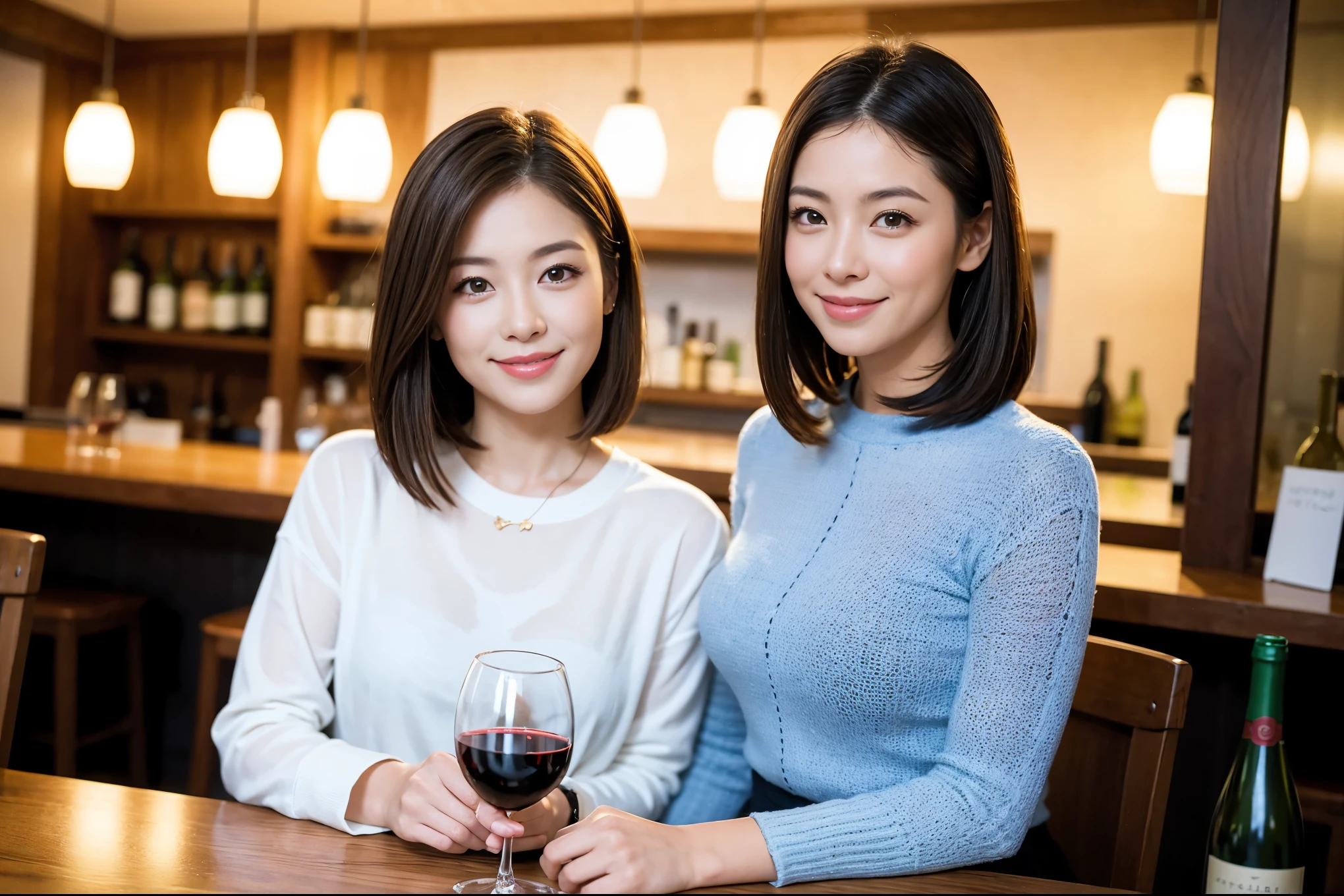 ((highest quality、8k、masterpiece:1.3))、1 male、1 woman who resembles Satomi Ishihara、Couple、Spouse、Couple、The body is slim、((Bob Hale、Straight hair:1.2)), (Realistic, Intricate details:1.2), テーブルの上のwine glass、Shine light on your face、 Amazing view of the sunset sky and clouds、Amazing mountain views、A bright smile、The wonderfulness of smile、Bright image、The beauty of wine, Beautiful Face, blue eyes, The light shines on your face, Blushing, short hair,Bright Face、 (42 years old), 39 years old, red wine 、Appetizers、Italian food、Wine bottle、Champagne、sparkling wine、Two beauties、Brown Hair、Shortcuts、Long sleeve shirt、dress、Pretty Woman 1, (slimな顔), (The body is slim), (Brown Hair), (Shortcuts), cheeks turn a little red,Attractive beauty、restaurant, In a prominent place (From the waist up) Nova Frog Style, actress, model, Upper Body, White wine, slim, wine glass, 中央に置かれたwine glass, smile, (smile: 1.15), Beautiful fine grain, Depth f/2,saturation, High Contrast, Strong light and shadow,Moist Body:1.5、3D texture、Delicate eyes、Brown Hair、The hair is very shiny、