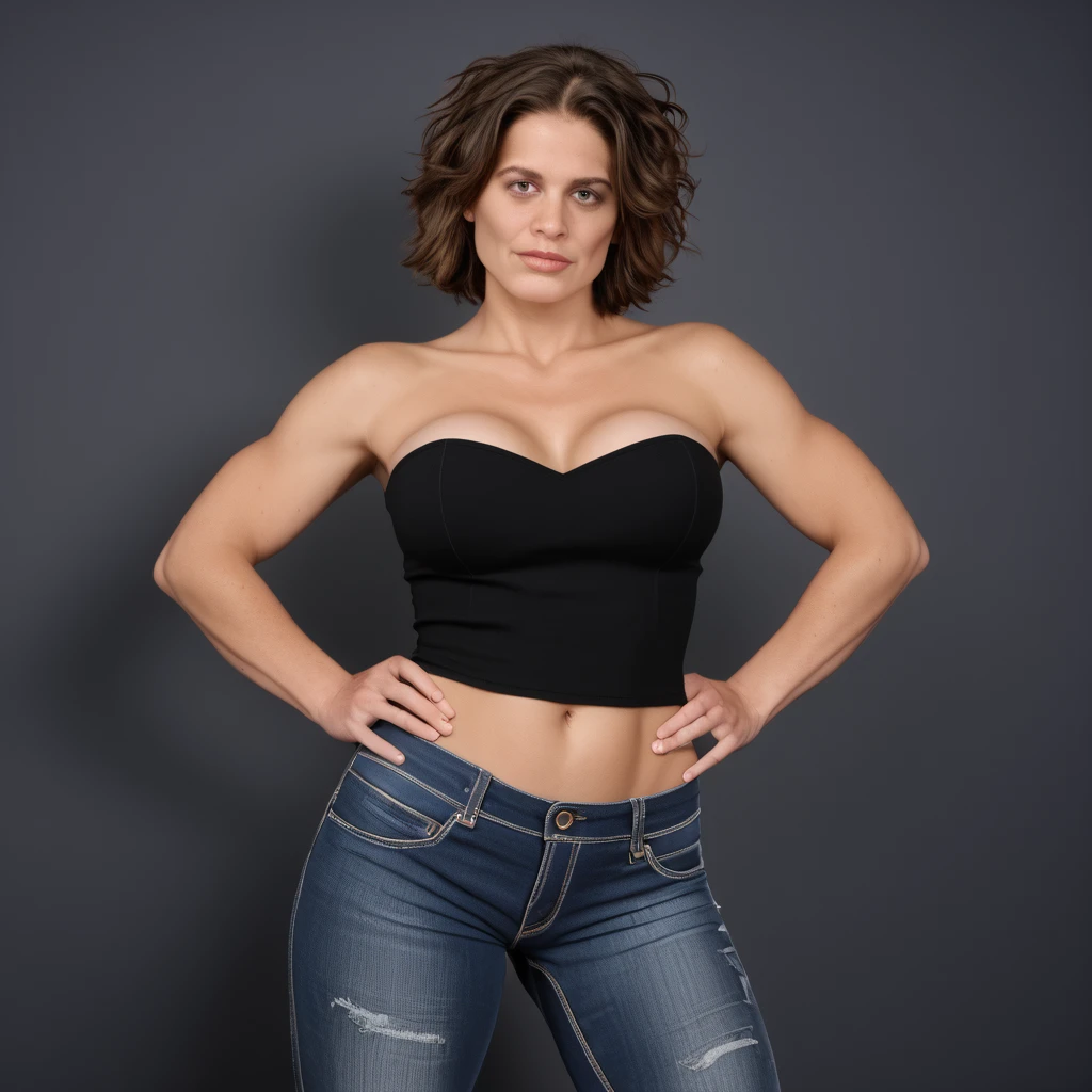 zPDXL2, zPDXLpg, zPDXLrl, A portrait photo of a 26-year-old influencer posing in her jeans and violet strapless, as a backdrop looms behind her. This tanned stunner features a (well-defined hourglass silhouette), (bountiful perky breasts), graceful toned flesh, and a (choppy-messy bob).