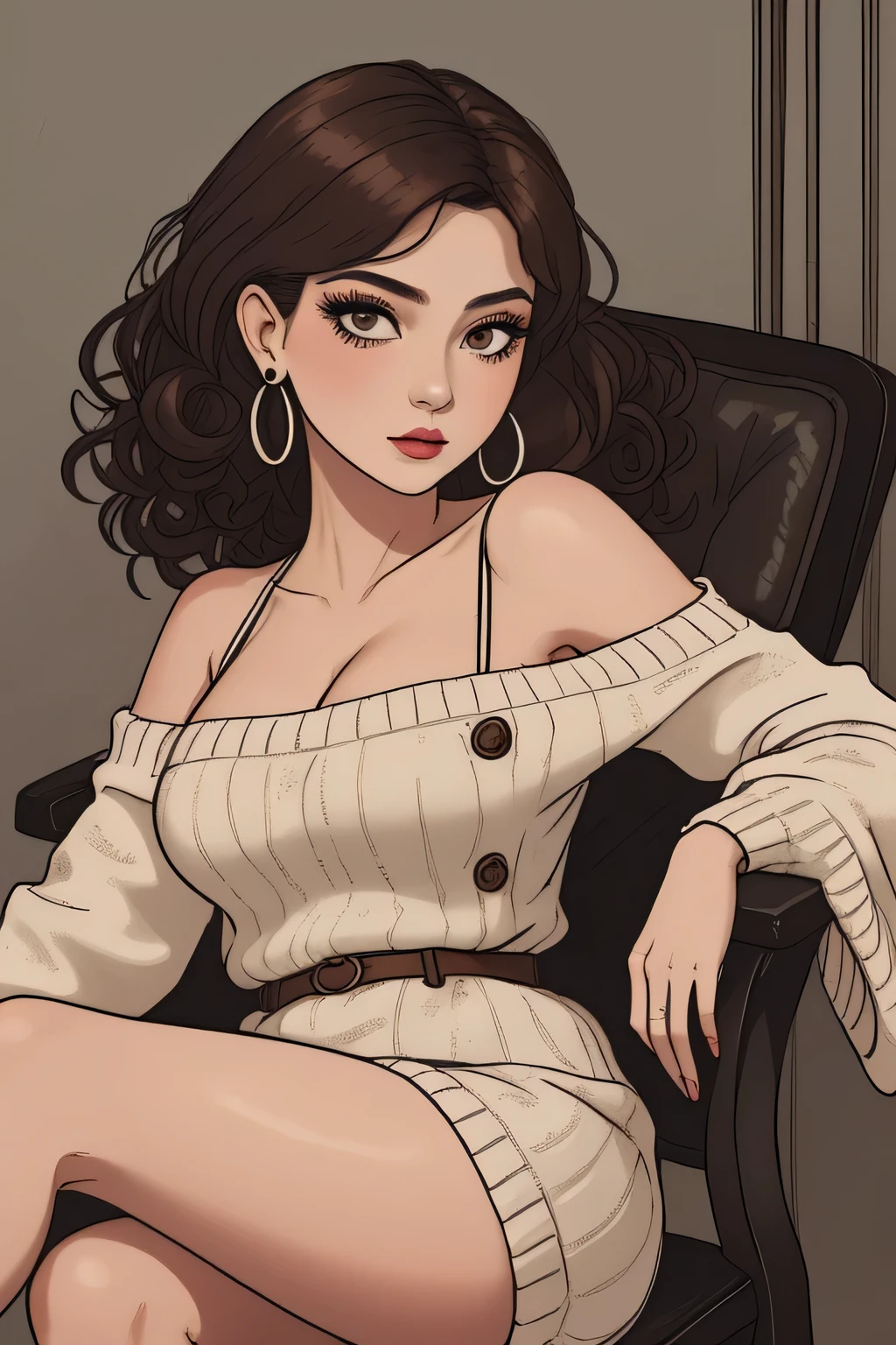 Amazing portrait of a sexy woman with a feral look in her eyes as she's sitting back in her chair with one leg crossed over the other wearing an oversized sweater that is showcasing her bare shoulders and her cleavage her brown hair is curly and messy and her makeup is elegant and sexy wearing elegant earrings and the overall atmosphere is intimate