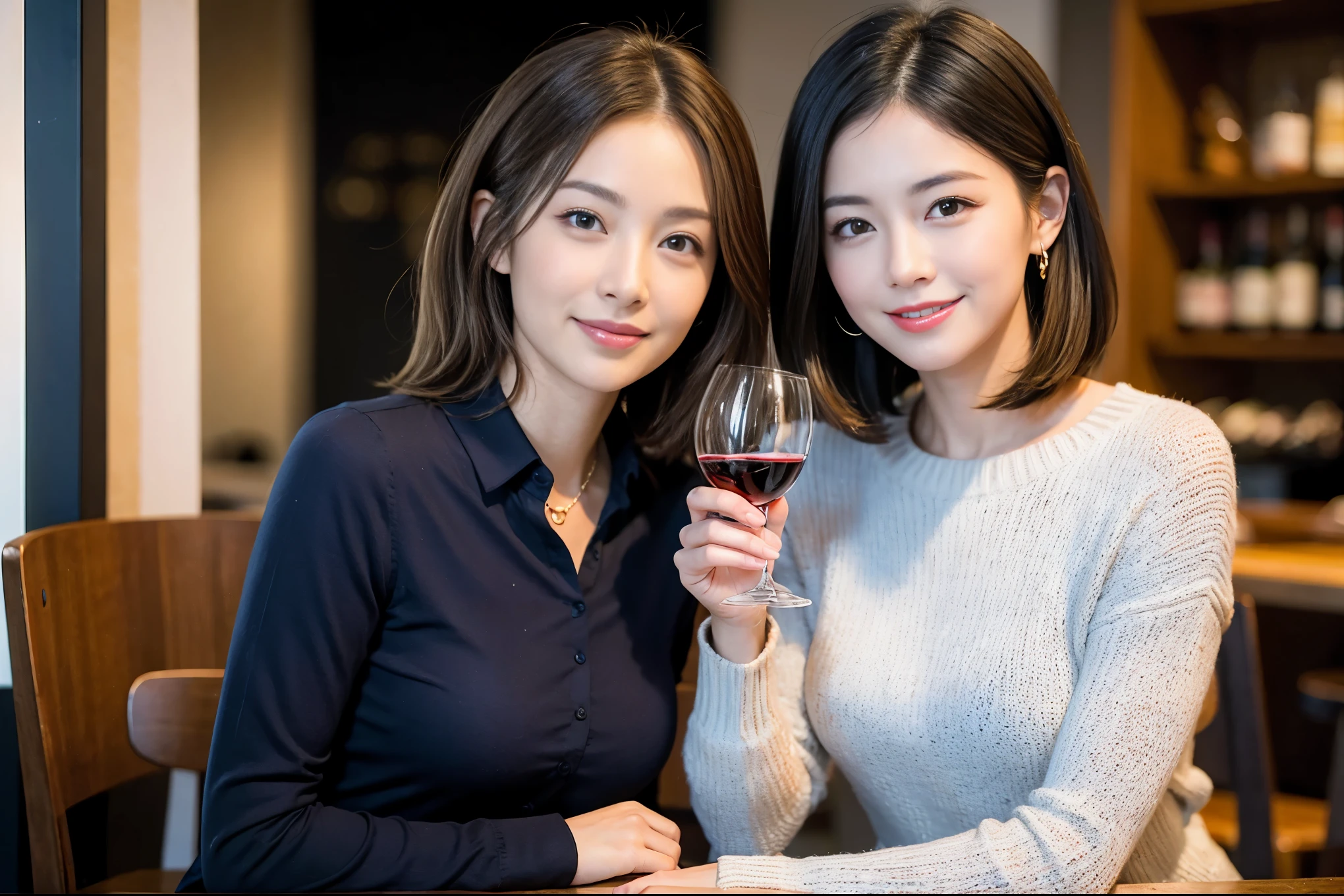 ((highest quality、8k、masterpiece:1.3))、1 male、1 woman who resembles Satomi Ishihara、Couple、Spouse、Couple、The body is slim、((Bob Hale、Straight hair:1.2)), (Realistic, Intricate details:1.2), テーブルの上のwine glass、Shine light on your face、 Amazing view of the sunset sky and clouds、Amazing mountain views、A bright smile、The wonderfulness of smile、Bright image、The beauty of wine, Beautiful Face, blue eyes, The light shines on your face, Blushing, short hair,Bright Face、 (42 years old), 39 years old, red wine 、Appetizers、Italian food、Wine bottle、Champagne、sparkling wine、Two beauties、Brown Hair、Shortcuts、Long sleeve shirt、dress、Pretty Woman 1, (slimな顔), (The body is slim), (Brown Hair), (Shortcuts), cheeks turn a little red,Attractive beauty、restaurant, In a prominent place (From the waist up) Nova Frog Style, actress, model, Upper Body, White wine, slim, wine glass, 中央に置かれたwine glass, smile, (smile: 1.15), Beautiful fine grain, Depth f/2,saturation, High Contrast, Strong light and shadow,Moist Body:1.5、3D texture、Delicate eyes、Brown Hair、The hair is very shiny、