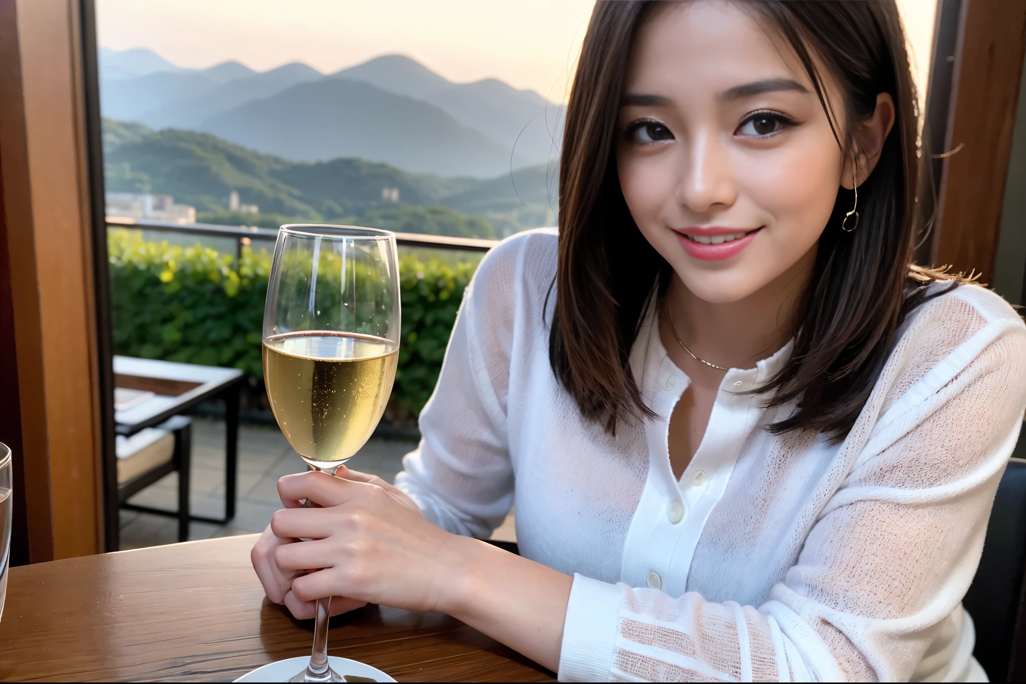 ((highest quality、8k、masterpiece:1.3))、1 male、1 woman who resembles Satomi Ishihara、Couple、Spouse、Couple、The body is slim、((Bob Hale、Straight hair:1.2)), (Realistic, Intricate details:1.2), テーブルの上のwine glass、Shine light on your face、 Amazing view of the sunset sky and clouds、Amazing mountain views、A bright smile、The wonderfulness of smile、Bright image、The beauty of wine, Beautiful Face, blue eyes, The light shines on your face, Blushing, short hair,Bright Face、 (42 years old), 39 years old, red wine 、Appetizers、Italian food、Wine bottle、Champagne、sparkling wine、Two beauties、Brown Hair、Shortcuts、Long sleeve shirt、dress、Pretty Woman 1, (slimな顔), (The body is slim), (Brown Hair), (Shortcuts), cheeks turn a little red,Attractive beauty、restaurant, In a prominent place (From the waist up) Nova Frog Style, actress, model, Upper Body, White wine, slim, wine glass, 中央に置かれたwine glass, smile, (smile: 1.15), Beautiful fine grain, Depth f/2,saturation, High Contrast, Strong light and shadow,Moist Body:1.5、3D texture、Delicate eyes、Brown Hair、The hair is very shiny、