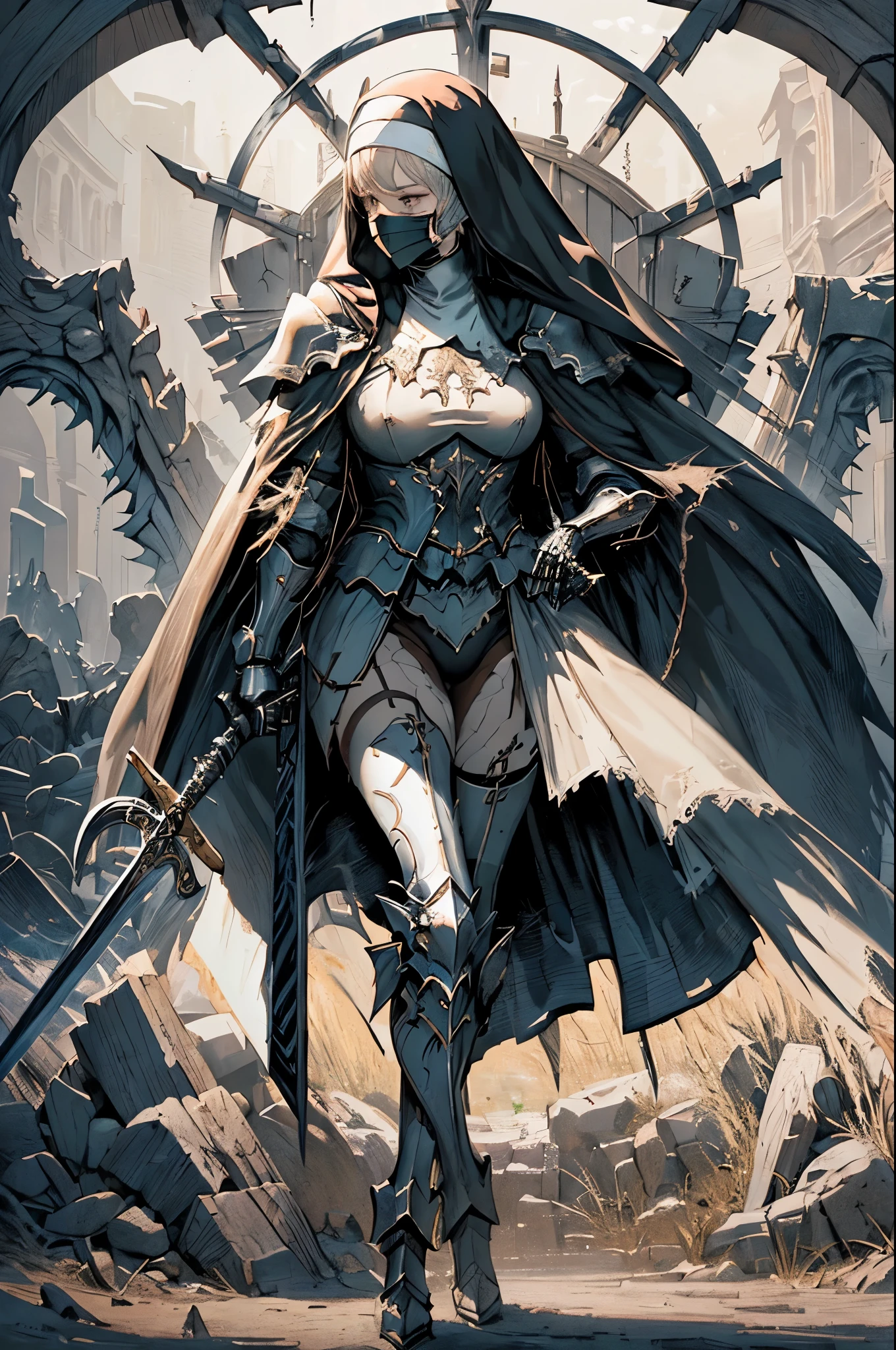 Mysterious nun with face mask、Combat armour、Cross-themed weapons、Detailed Description、pursuit of reality、 Create a wallpaper with style. Using a subtle lighting art style、Place her in a dimly lit environment。. background, Draw hauntingly beautiful skeletons, Add an eerie and enchanting atmosphere to your creations.Long legs、Realistic、Brandished Sword、Dynamic pose