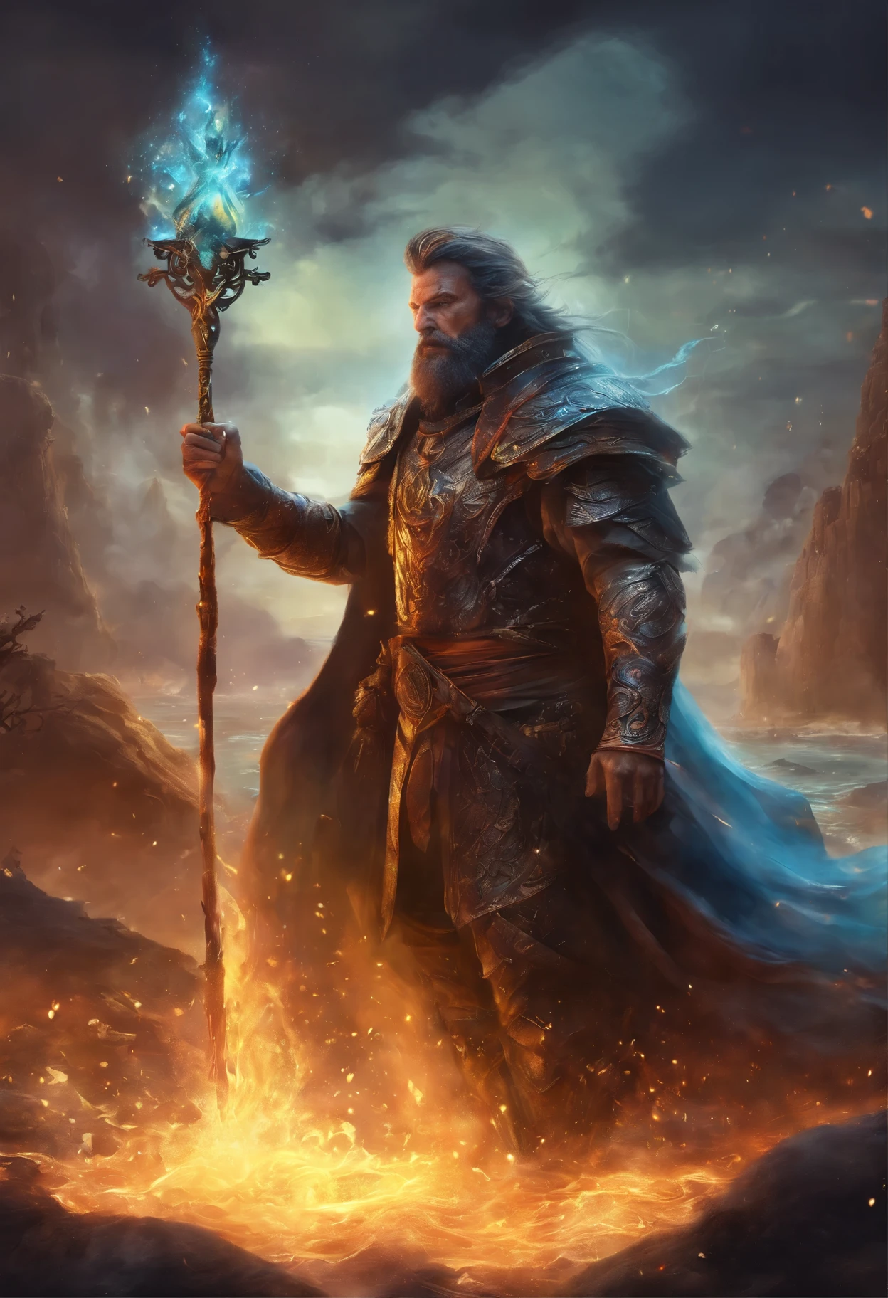 Make a wizard controlling the four elements (Water, terra, fogo e pedra) with your hands, jogando magias no inimigo. (melhor qualidade,4k,8K,high resolution,Obra de arte:1.2), ultra-detalhado, (realista,photorealista,photo-realista:1.37),HDR,UHD, studio lighting, Pintura ultrafina,sharp focus,physically based rendering,extreme detailed description,Profissional,cores vivas,Bokeh,paisagens Tags: Arid terrain, muitas cores, elementos, Water, terra, fogo, raio, confronto, battle, Epic scene, guerrariors, criatura poderosa, magical atmosphere, campo de batalha, Chaotic Struggle, brave heroes, conquistar e proteger, breathtaking visuals, luminosidade intensa, imenso poder, mythical world.