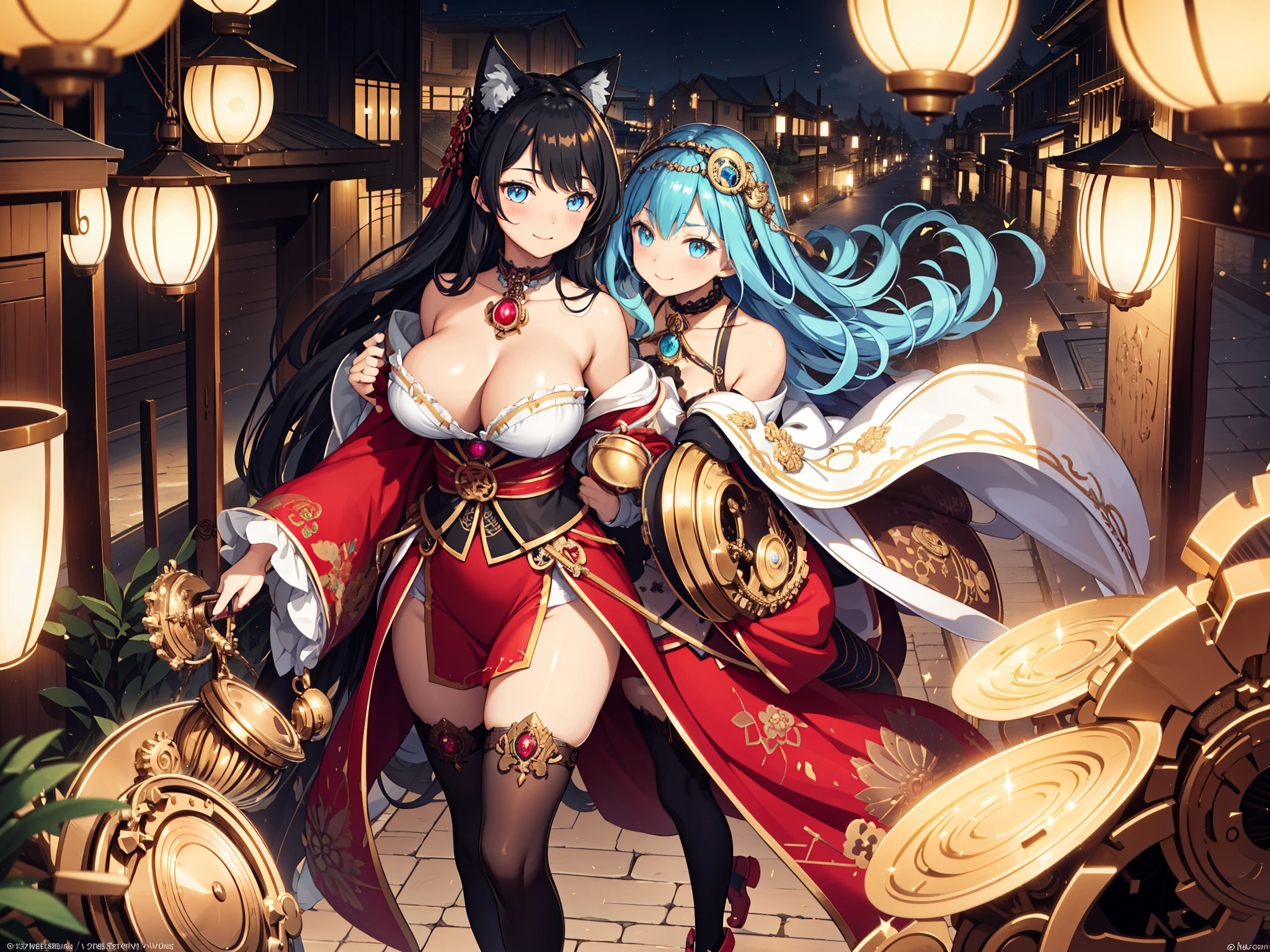 {{masterpiece}}, Top quality, Exquisite background,Ultra-fine CG Unity,8k wallpaper, ((Category 1,Cat in gear clothes,Cat flying in the sky))lens flare, Detailed beautiful eyes,A 20-year-old female,Lady,Langheier,Wavy Hair,curls,A calm smile,black hair,blue eyes,Crochet Cabin,cogs服裝,brass around gems,sparkling gemstones,Victorian Era,brass,rust,Vaporpunk,(Red Kimono)),Large target,cogs,(Perfect anatomical structure),steampunk background,Large bell tower,Strolling in the city,decadent,Copper tubes,cogs,A city full of steam,Perfect hands.