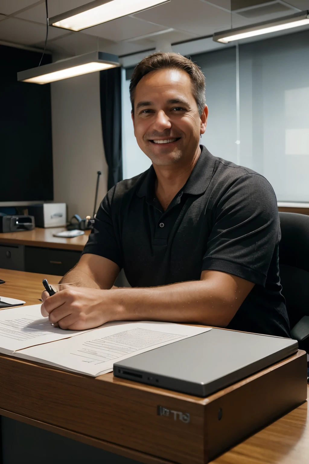 a happy middle-aged man working in an office, detailed office desk, computer, documents on the desk, business attire, smiling, realistic, photorealistic, 8k, hdr, high quality, studio lighting, award-winning photograph