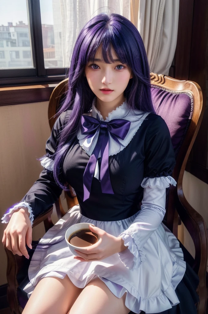 ultra-detailed, Beautiful Nose, Beautiful character design, perfect eyes, perfect face, ultra highres, girl in a chair with a cup of coffee, professional cosplay, HD Raw Photography, professional photoshoot, a cute girl, cosplay of anime girl in a maid costume, high detailed official artwork, in dress, frederica bernkastel, purple eyes, purple hair, long hair, 16K CGI, photorealistic, purple bow, dress, frills, empty eyes. expressionless, Masterpiece