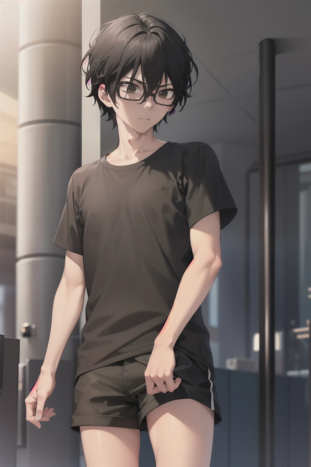 masterpiece, best quality, wallpaper,annoyed expression,visible teeth, standing,looking away,1boy, solo, depth of field, momo_sakaki, black hair, brown eyes, hair between eyes, black shirt, Short sleeves shirt,black shorts, glasses, 16k resolution,close up photo 