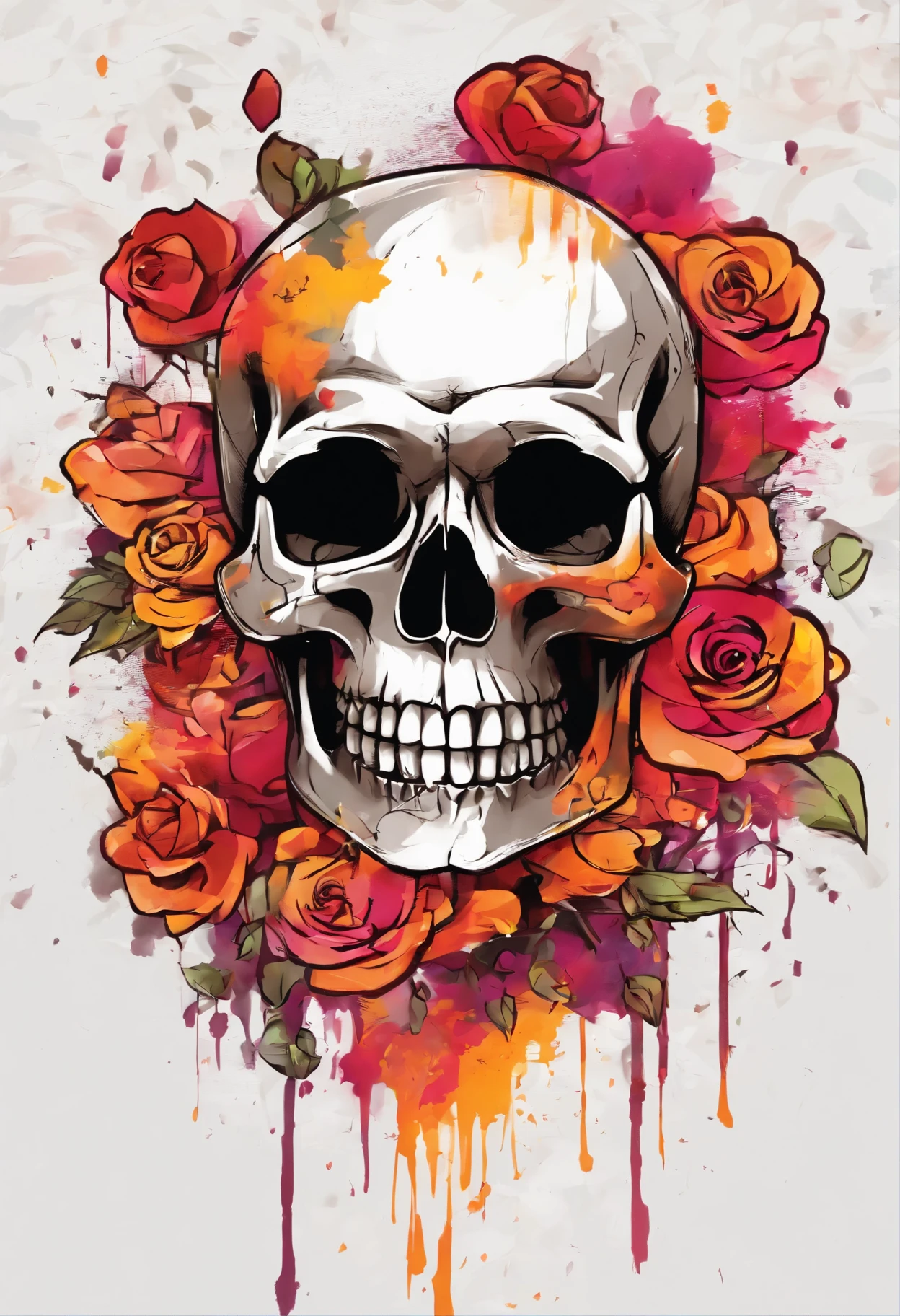 A burning skull with rose petals behind and transparent png image background