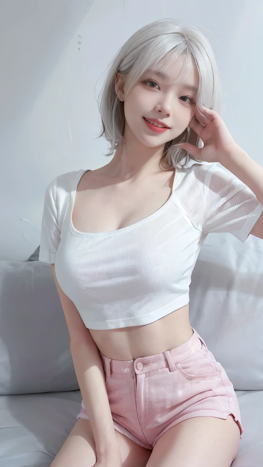 Best image quality、RAW Photos、超A high resolution、21 year old Korean、Small breasts、Small breasts、Dynamic Angle、Cowboy Shot、Chaos in its most beautiful form、elegant、Brutalist Design、Beautiful white hair、Vibrant colors、Short Bob、smile、fun、smile、Glowing White Skin、Beautiful eyes with random colors、Very thin lips、Beautiful eyes in every detail、length, Narrow eyes、Pale pink blush、length eyelashes、Beautiful double eyelids、eye shadow、Bright white hair、sofa、Large short-sleeved shirt、Transparent top、See-through、hot pants、Shooting from the side、Sleep on your back、Full Body Shot、Hand gestures