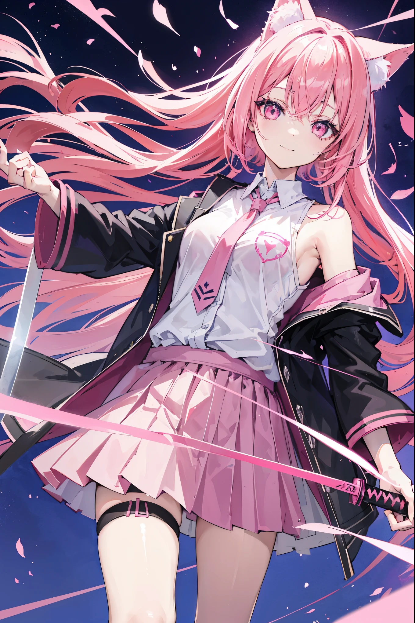 "anime girl, 1 person, pink hair, pink cat ears, pink eyes, women's shirt, tie, has twin takana swords in hand, takana sword, women's black off-shoulder jacket, colored skirt black, medium chest, holding a sword, two takana swords, smiling triumphantly, looking from many directions. (full HD 4K+ image)"