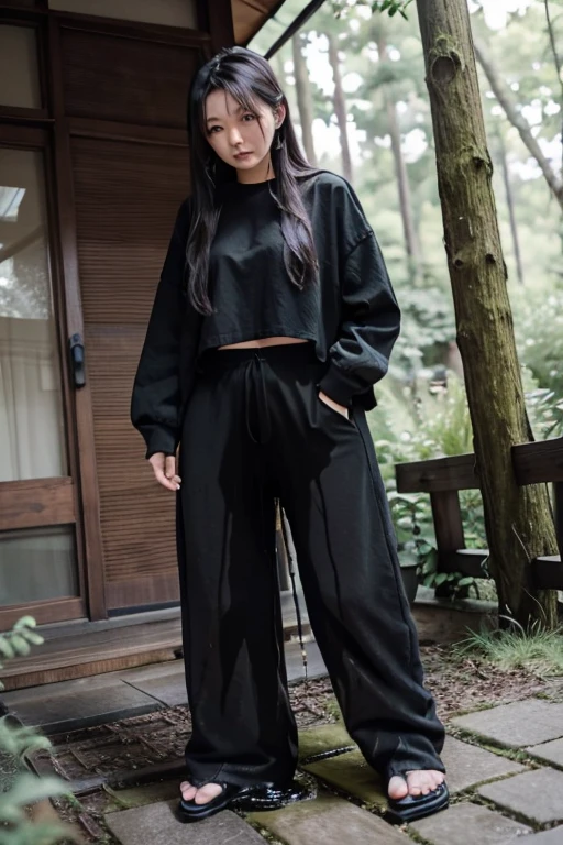 Japanese Girl sees the ghost and pees her black palazzo pants until her pants are wet in fright.