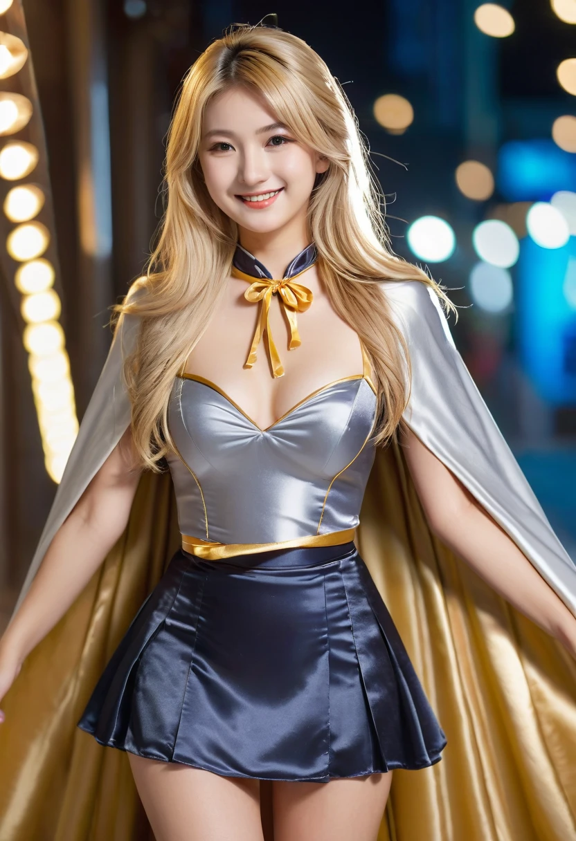 (RAW photo) , 1girl, Japanese , cute, 20 years old, long blonde hair , smiling, look at viewer, ((((silver and gold lined satin cape tied at the neck)))+++, side spilt skirt , photo, realistic, best quality, hires, detailed face, detailed background, diffused lighting, depth of field, bokeh