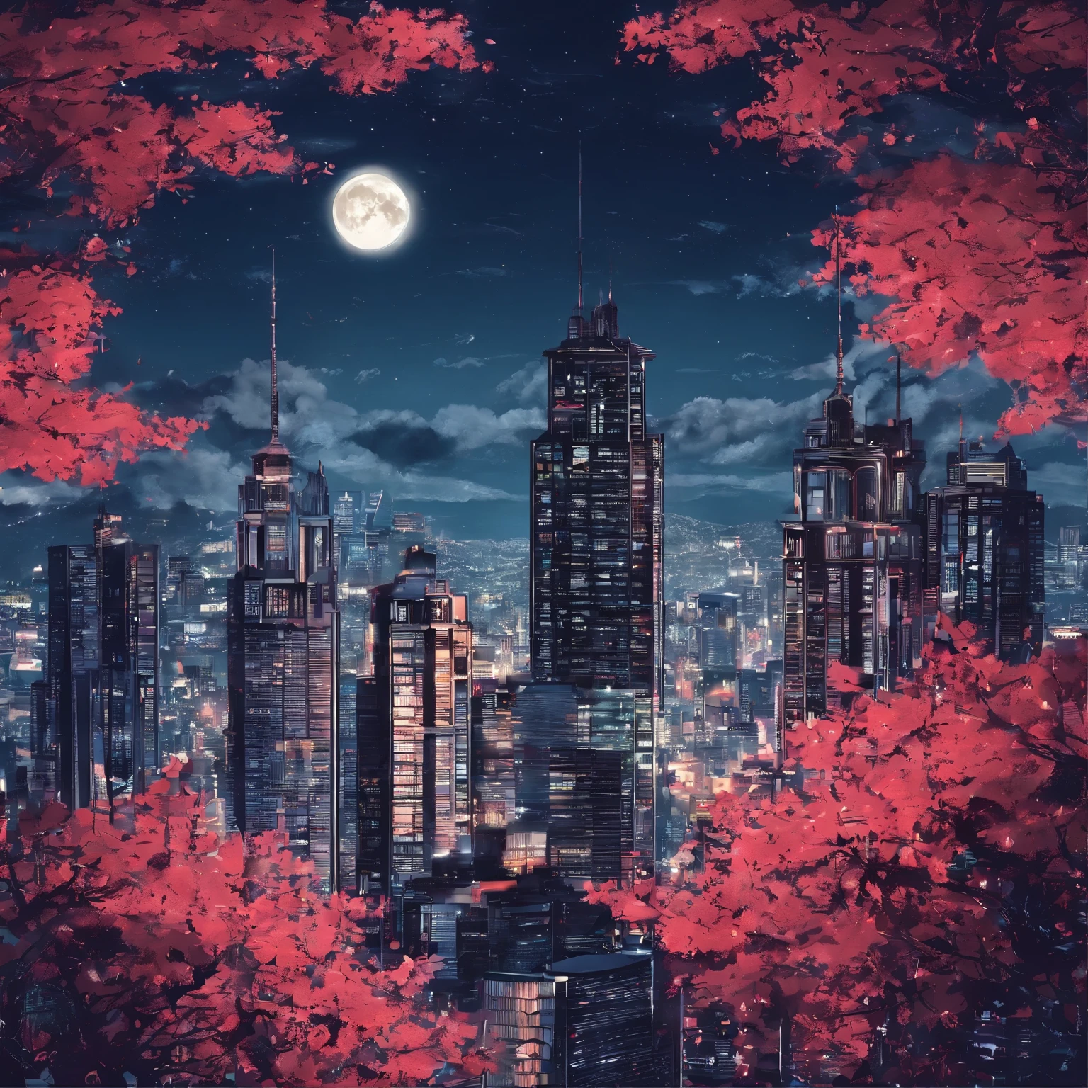 City skyscrapers,　Night City,　The best zigao，very nice，Perfect detail，4K，8k，Anime Wallpaper，CG，Night Sky，Red background，満moon, moonの背景, 空のmoon, moonlight background, moon面で, 満moonの背景, 空には満moon, 満moon, moonは空にあります, moon明かりの背景, 大きな赤いmoonの背景, moon, 空のmoon, moonの裏側，雲の中のmoon，White cloud,　
