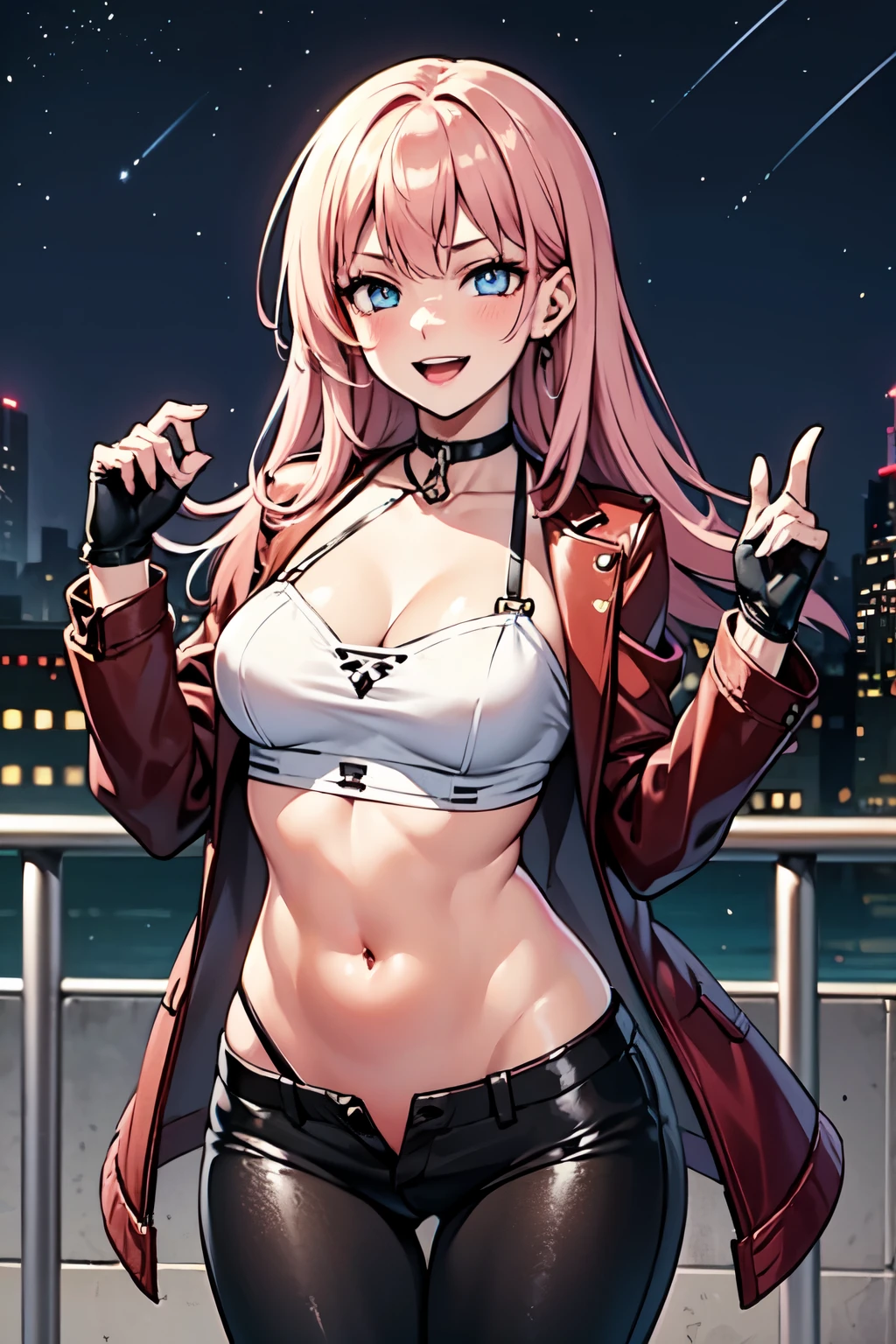 1girl, Tenebria, (pink hair), evil, blush, lipstick, long hair, pink hair, medium breast, crazy eyes , outdoors, rooftop, cityscape, building, railing, night, night sky, scenery, city lights, fur trim, mature female, gloves, fur-trimmed coat
masterpiece, best quality, highly detailed, a girls with a gun, evil smile , open mouth, sexy gaze, badass
pose , evil smile, smile, guns blazing, anime girl with long hair, beautiful long
haired girl, navel, evil expression, exposed belly, exposed navel, exposed midriff, exposed lower belly,
long black pants, crop top, cleavage, unbuttoned leather pants ,open fly, low rise black leather pants,
leather jacket, holding a gun, navel piercing