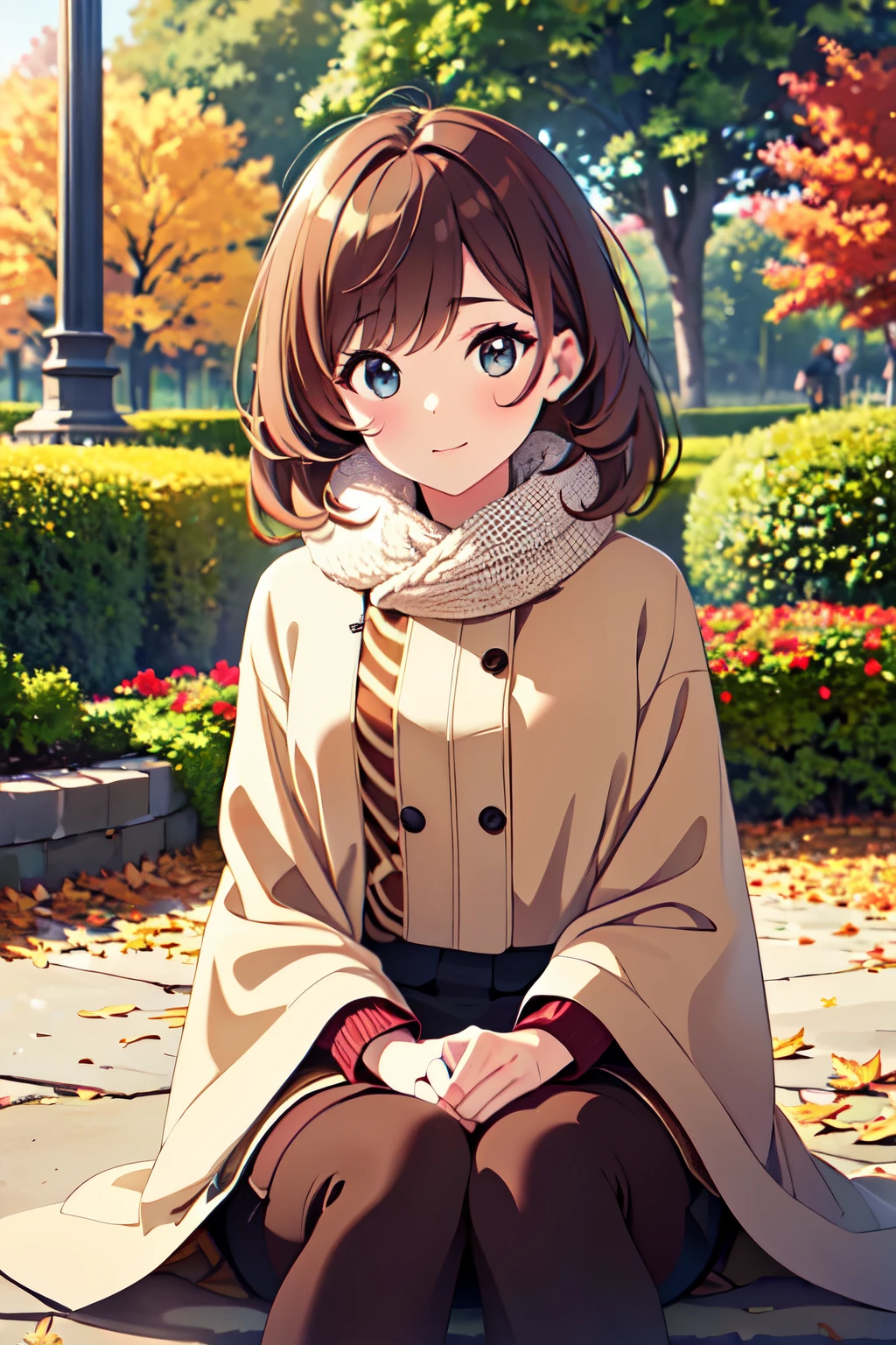 best quality, masterpiece, high resolution, steam punk,//A park filled with autumn foliage, lady wearing cropped shirt, ea cozy blanket, brown hair