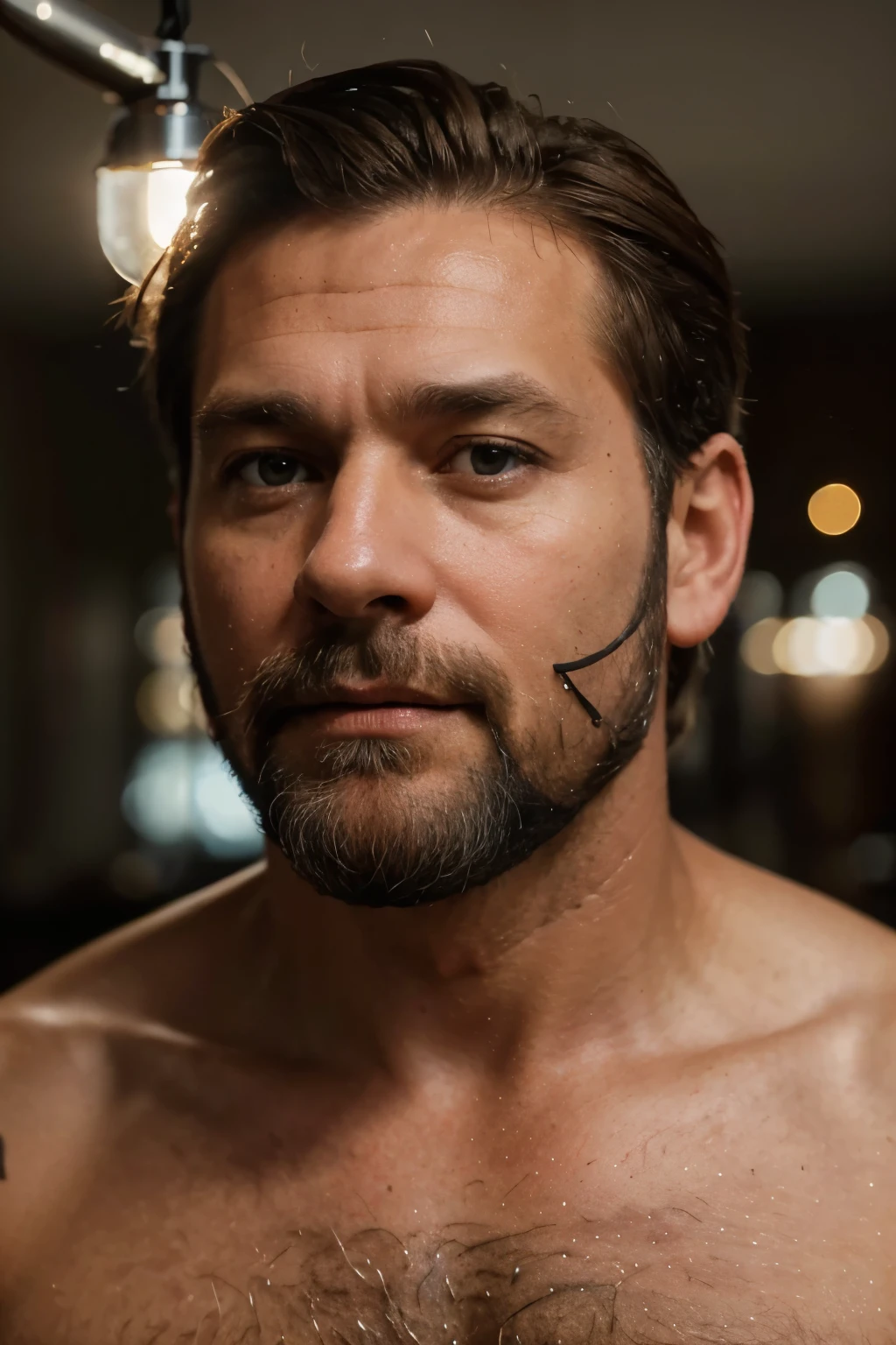 (man with beard,middle-aged man,middle-aged,50 year old man,man in his 50s,brown hair,brown beard,effeminate hairstyle,hairstylist,cutting hair,best quality,4k,8k,highres,masterpiece:1.2,ultra-detailed,realistic,photorealistic:1.37,studio lighting,extreme detail description,professional,vivid colors)