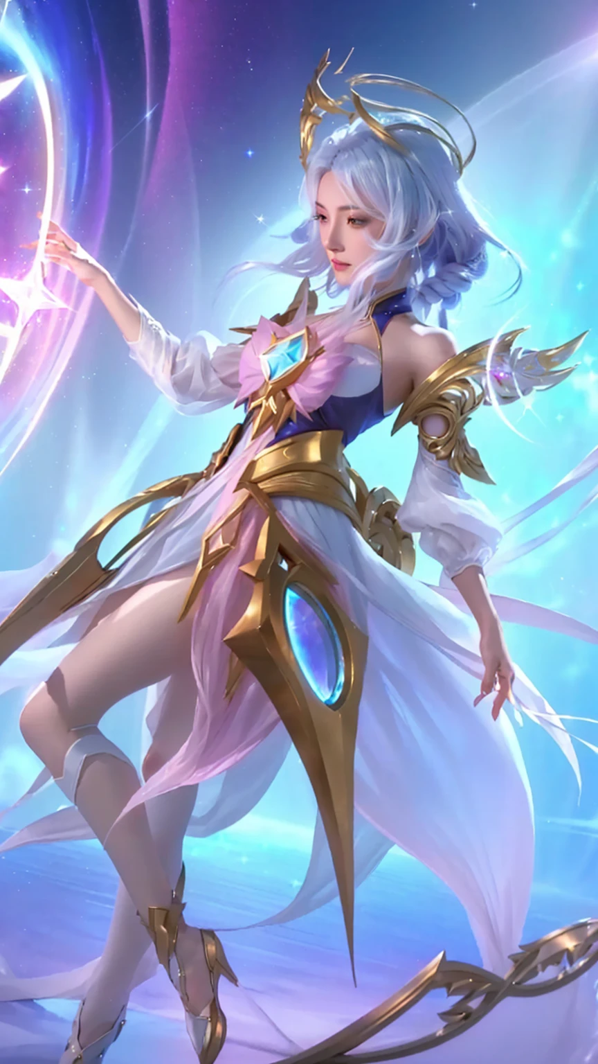 a woman in a white dress holding a wand and a star, ashe, beautiful celestial mage, zenra taliyah, astri lohne, celestial aura, crystalline skin, cushart krenz key art feminine, irelia, ig model | artgerm, star guardian inspired, style artgerm, full body xianxia