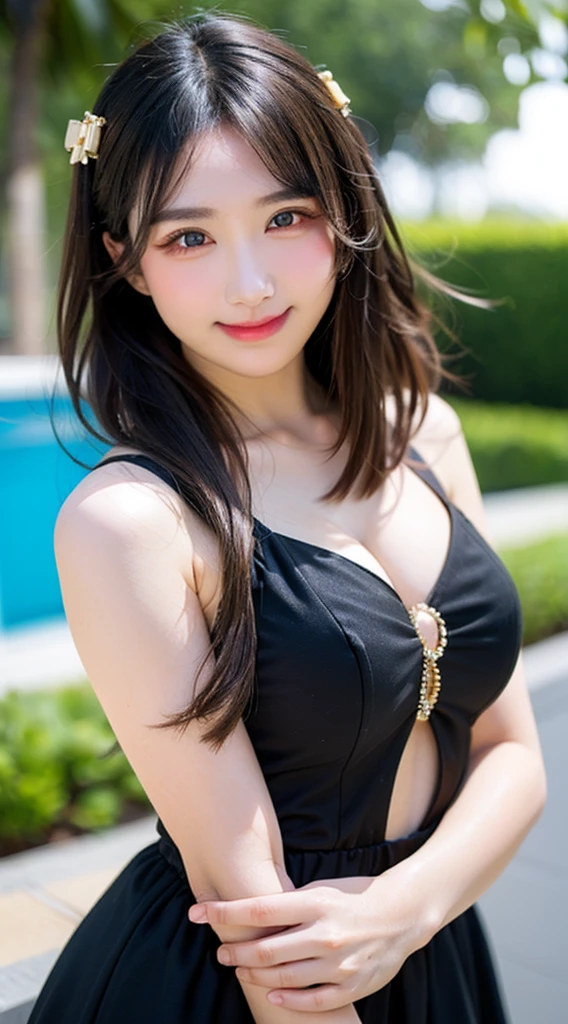 best quality, beach, Ultra-high resolution, (Reality:1.4), RAW photos, 1 Girl, potassiumーPop Idol, short hair, outdoor, Summer Noon,delicate eyes,(Realistic eyes),delicate face,realspotassiumin,Fine hair,Detailed spotassiumin,Pretty Face,Smile、((beautiful hair accessories))、