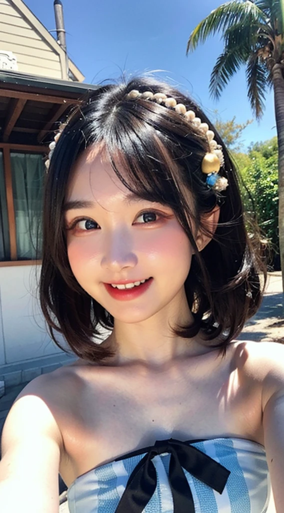 best quality, beach, Ultra-high resolution, (Reality:1.4), RAW photos, 1 Girl, potassiumーPop Idol, short hair, outdoor, Summer Noon,delicate eyes,(Realistic eyes),delicate face,realspotassiumin,Fine hair,Detailed spotassiumin,Pretty Face,Smile、((beautiful hair accessories))、