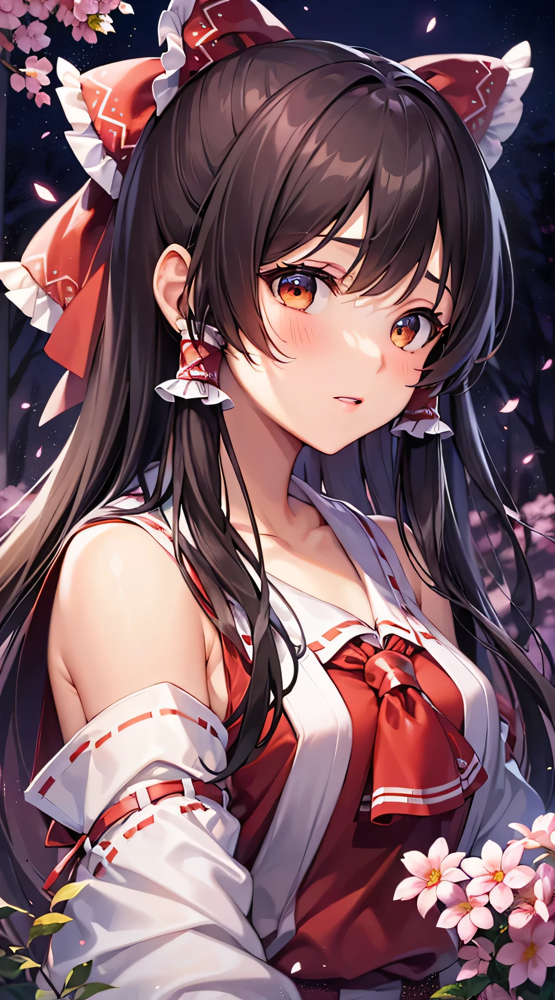 detailed background, masterpiece, best quality, 1girl, solo, hakurei reimu, brown hair, hair tubes, hair ribbon, brown eyes, nontraditional miko, a forest full of purple and white trees, fireflies, water, purple theme, white theme, mystical, magical,