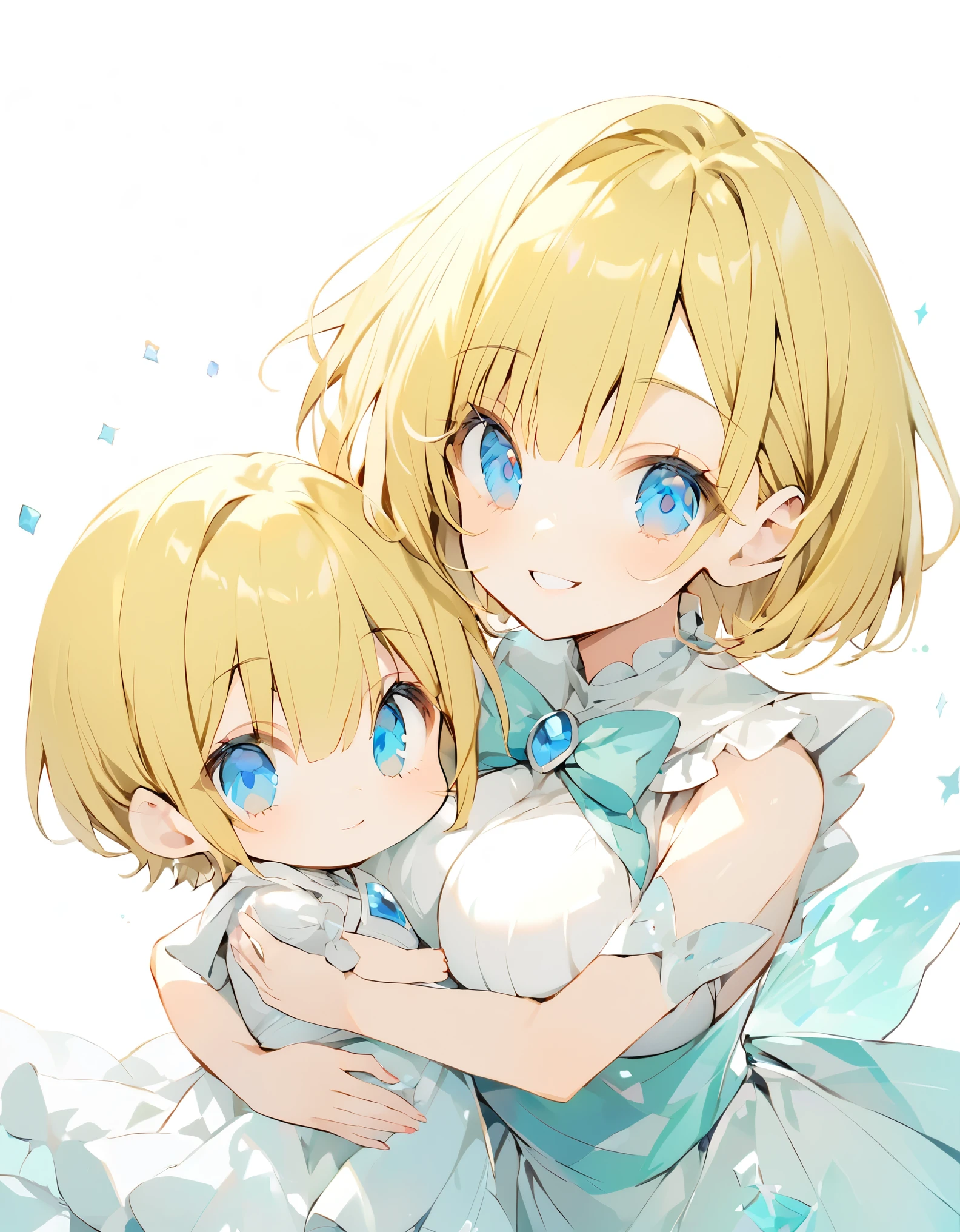 Little magical girl smiles holding a baby(Sketches)(Small body),Golden Hair (Short Bob Hair:1.4), (Blue eyes), (Big Hair) (White Background), (eye shadow:1.3)(Large Breasts:1.3)