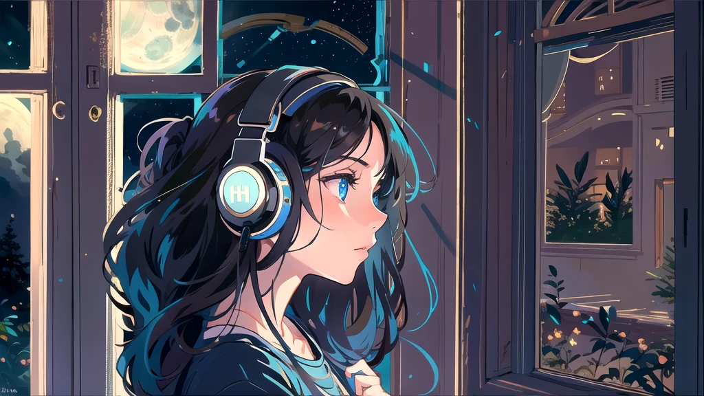 Create an illustration of a girl with dark hair and blue eyes, sitting sideways in front of the window of her room, She is wearing headphones and has a sentimental and introspective expression, Moonlight softly shines into the room, gently illuminating the space, Curtains sway in the breeze, enhancing the serene, melancholic atmosphere, Emphasizing the themes of solitude, silence, and the depths of night, the room is dark but slightly illuminated by moonlight
