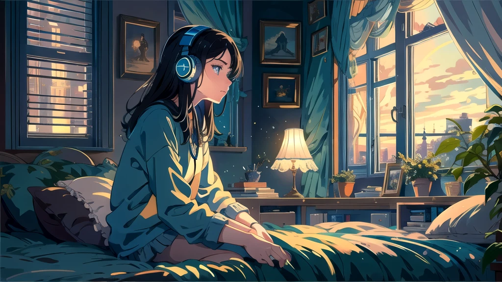 Create an illustration of a girl with dark hair and blue eyes, sitting sideways in front of the window of her room, She is wearing headphones and has a sentimental and introspective expression, Moonlight softly shines into the room, gently illuminating the space, Curtains sway in the breeze, enhancing the serene, melancholic atmosphere, Emphasizing the themes of solitude, silence, and the depths of night, the room is dark but slightly illuminated by moonlight