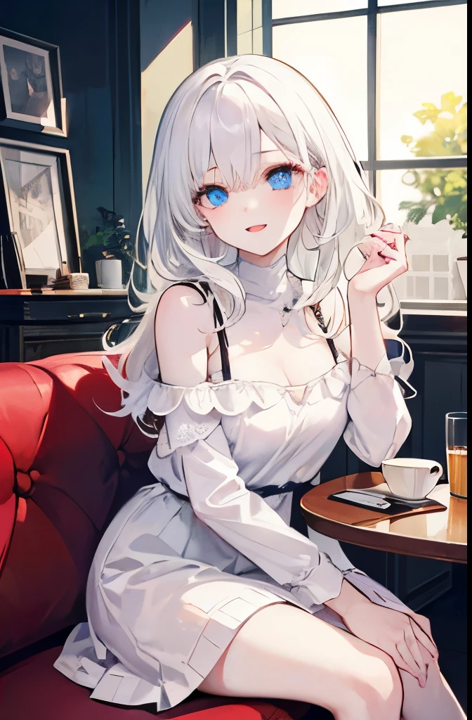 Masutepiece, Highest Quality, (Perfect face:1.1), (high detailing:1.1), (ultradetailed eyes), Dramatic,superfine illustration,Extremely detailed,1girl in,ager,(pale skin),(long white hair:1.4),Ethereal eyes,Blue eyes,((With eyes highlights:1.4)),Solo,Smile,Happy,Laugh,Enjoy, Open mouth,Pouty lips,Cinematic lighting, Cowboy Shot,whitedress, off shoulder,indoor,cafe,drinking coffee,sitting