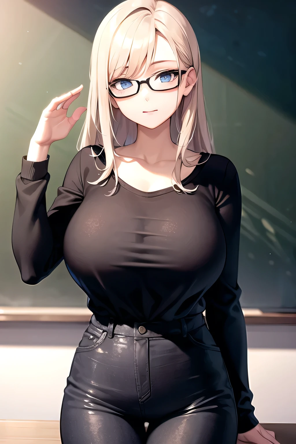 ((best quality)), ((masterpiece)), (detailed), perfect face, big breast, adult, 1girl, milf, blue eyes, teacher, glasses, black jacket, white tshirt, blackboard, class room,