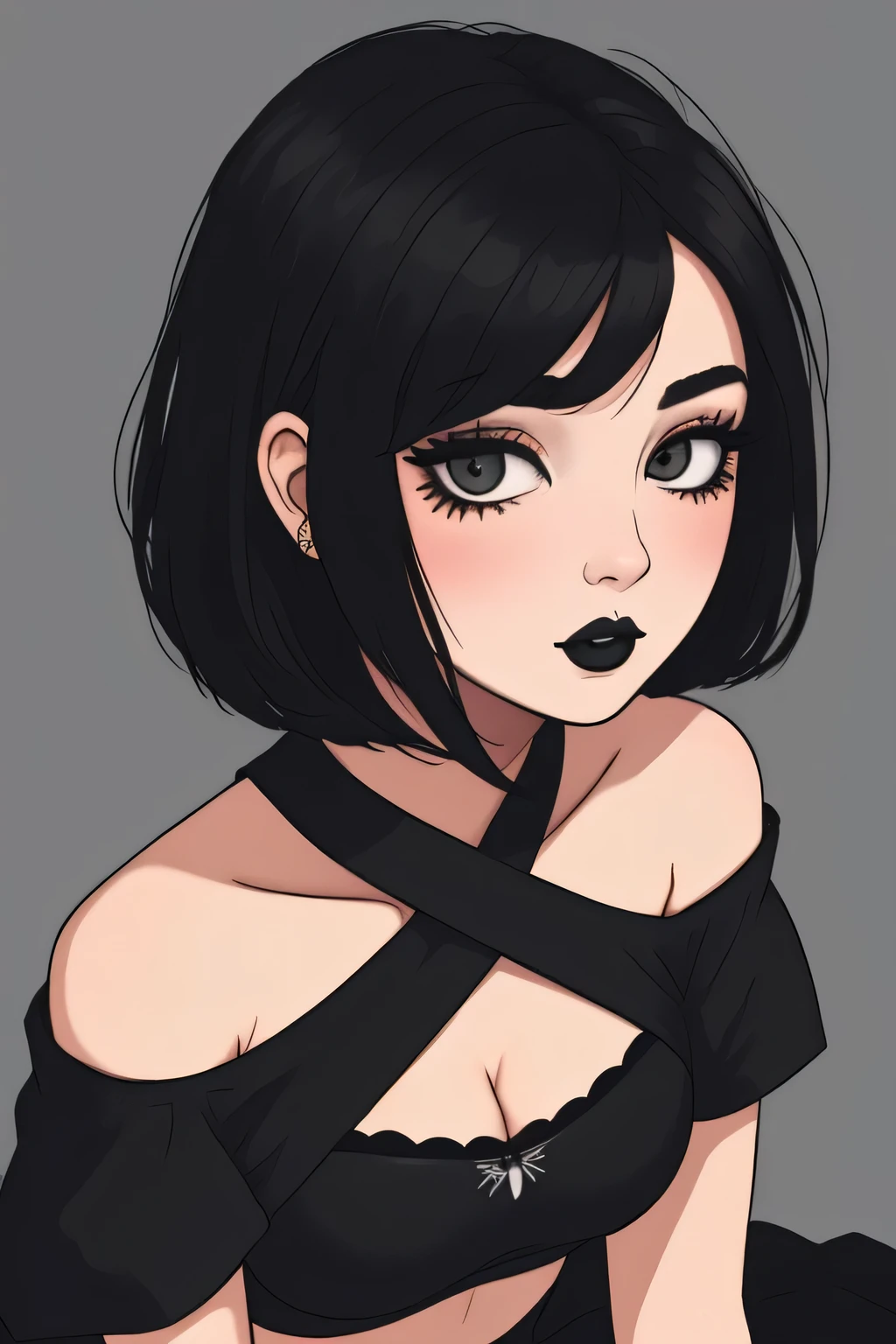Amazing portrait of a cute goth woman with her short black hair in a bob hairstyle and she's wearing heavy eyeliner around her eyes and she's gazing at you seductively she wears an off shoulder t shirt that is orange and black with black bra straps