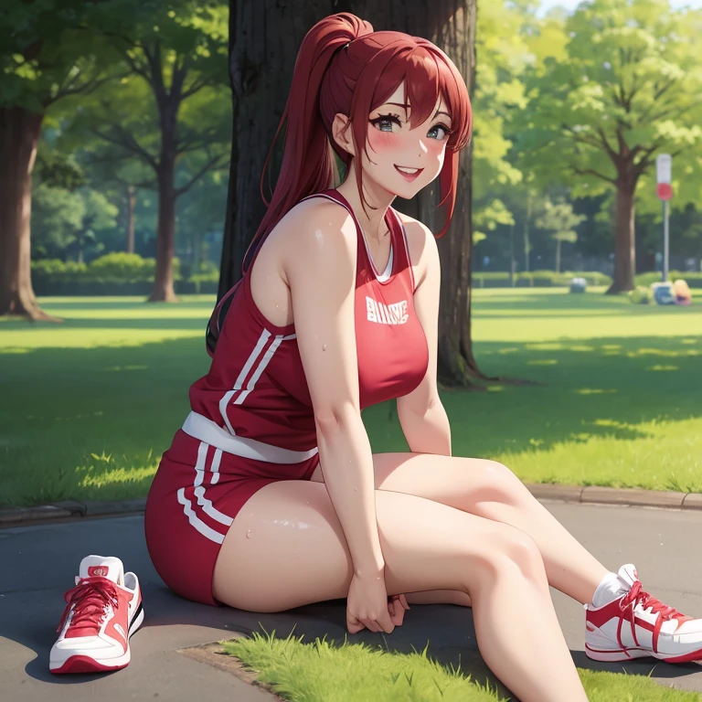anime、30-year-old woman1people、Sportswear、foot forcus,POV,Blushing,Red lips,Sexy,smile、Sweaty、lure、Sexyポーズ、MILF、Park Background,sit,sneakers