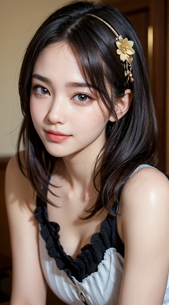 best quality, On the table, Ultra-high resolution, (Reality:1.4), RAW photos, 1 Girl, potassiumーPop Idol, short hair, indoor, Summer Noon,delicate eyes,(Realistic eyes),delicate face,realspotassiumin,Fine hair,Detailed spotassiumin,Pretty Face,Smile、((beautiful hair accessories))、