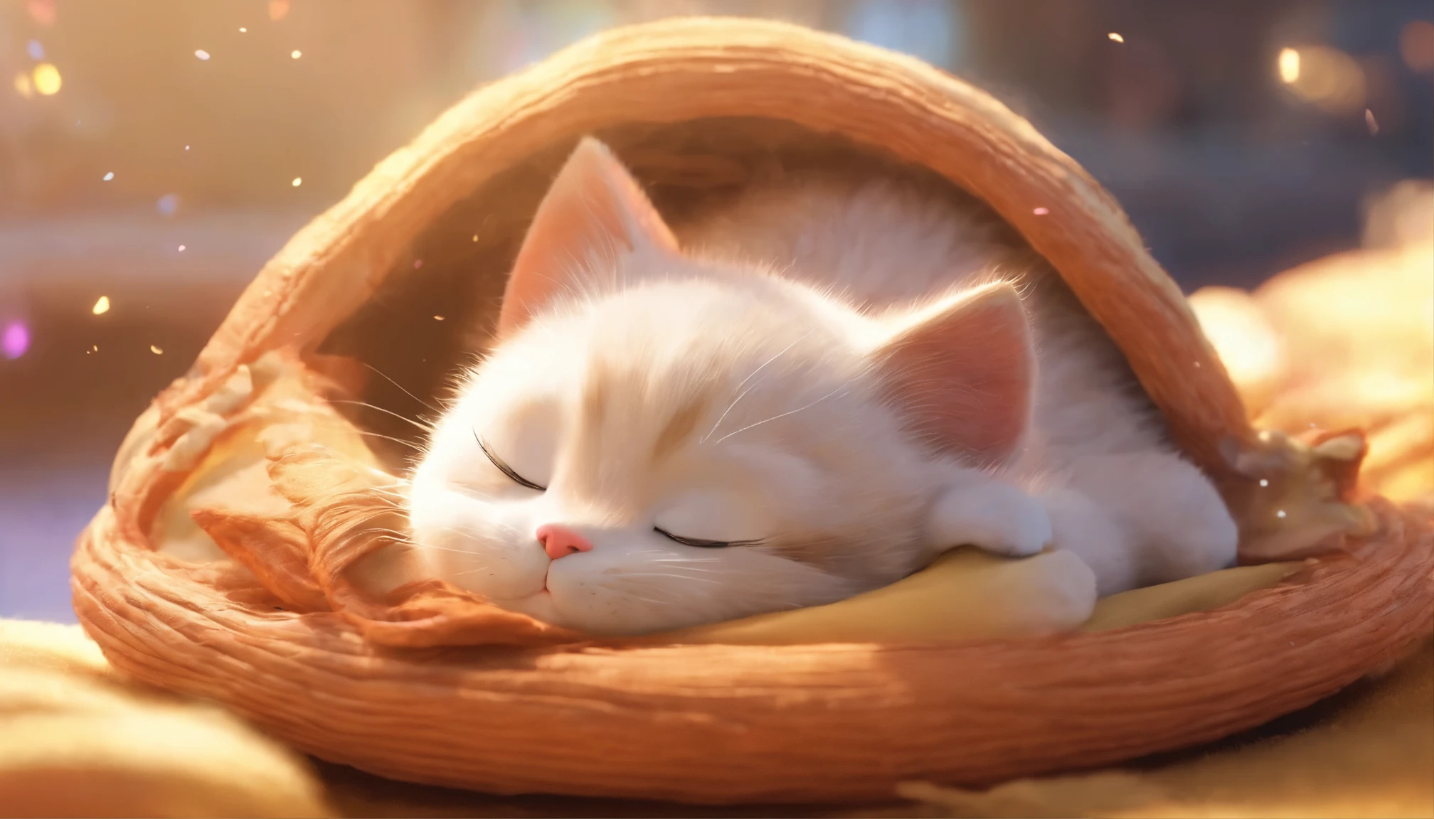 Disney Pixar-style light brown and white kitten sleeping with eyes closed on a cloud 15,000 meters above the ground。