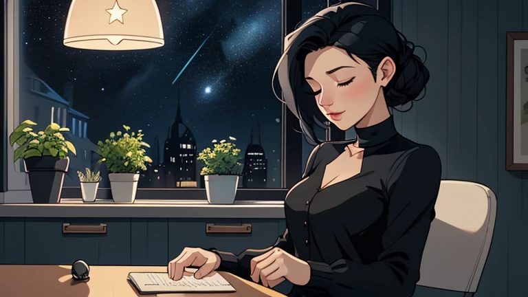 Late at night, a Beautiful woman in her 30s with black hair up is sitting on the chair with her eyes closed in a stylish kitchen. Cozy wallpaper, Gwydz style artwork, LOFI girls, trending at cgstation, relaxed mood, nightcore, cozy, night, wide glass windows, starry sky, table, chair, fridge, sink, V-neck blouse, and she was the only one in the room. beautiful flower. Plants, 2D style animation, looking down.Well-proportioned face, Outside the window is a pitch black starry sky, blue wall, kitchen is dimly, She is wearing headphones and listening to music