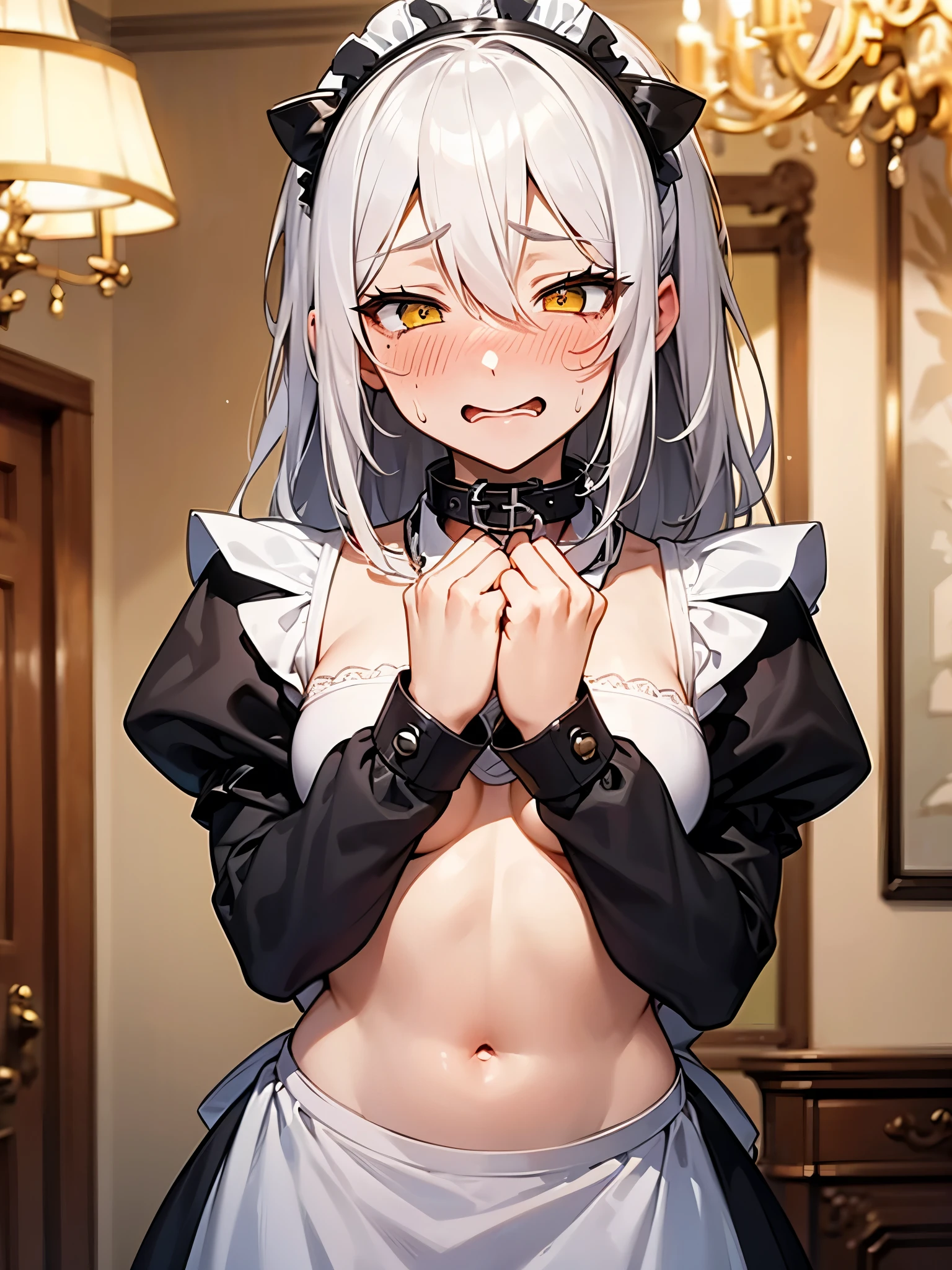 NSFW、Long Hair、Hair between the eyes、とてもLong Hair、White Hair、Messy Hair、（Yellow Eyes：1.3）,Small breasts,(Maid clothes:1.5),Off the shoulder,Cut out,Micro Mini Skirt,belly button,Tattoo,(Iron Collar:1.5),(Perfect hands),(Perfect Anatomy),(masterpiece),(highest quality),(Embarrassed:1.5),blush,Feeling embarrassed,(Ecstasy face:1.5),Mansion,Luxury Room,chandelier