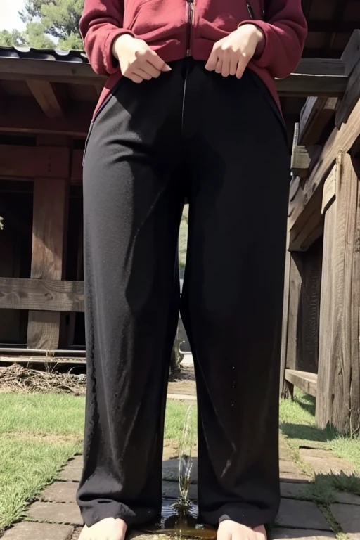 Japanese Girl sees the ghost and pees her black palazzo pants until her pants are wet in fright.