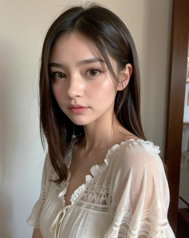 Best quality, mise au point du visage, Soft light, ultra haute résolution, (photorealistic:1.4), Photo brute,
1fille japonaise, Seulement, mignon, (pupil, Lights in the eyes),  Beautiful detailed face, (petite poitrine),(détail haute résolution de la texture de la peau humaine),
(cheveux longs),
interior,
Damask shirt dress,
(portrait)