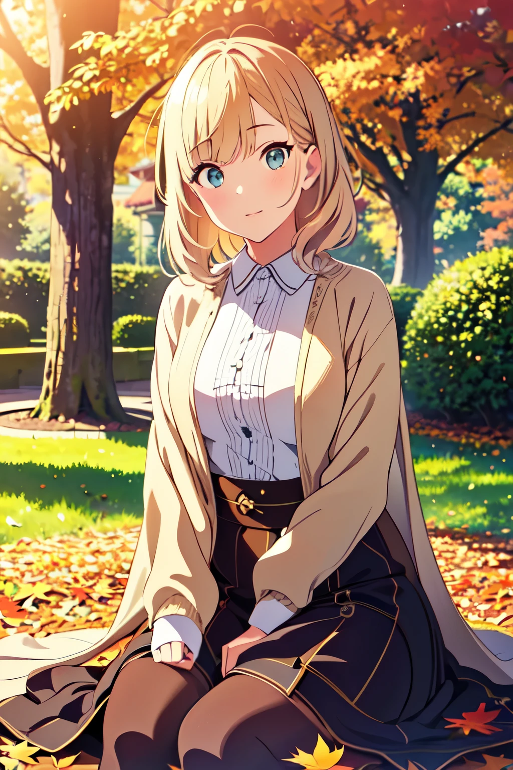 best quality, masterpiece, high resolution, steam punk,//A park filled with autumn foliage, lady wearing cropped shirt, ea cozy blanket, blonde hair, sexy pose